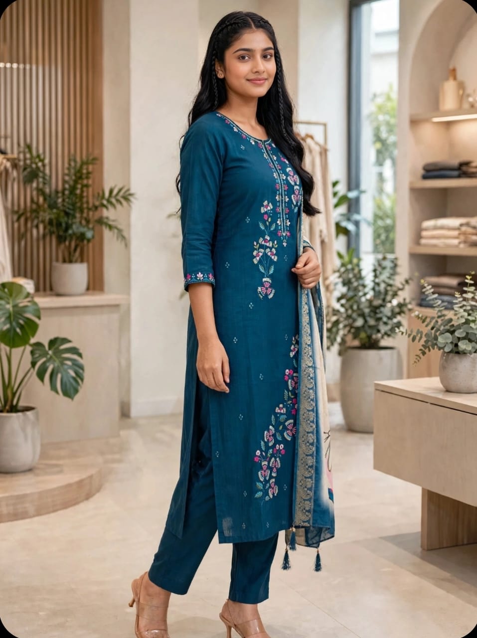 Blue Floral Embroidered Kurta Set thumbnail 4