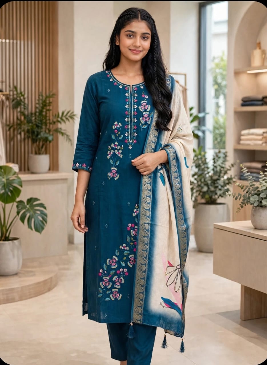 Blue Floral Embroidered Kurta Set thumbnail 2