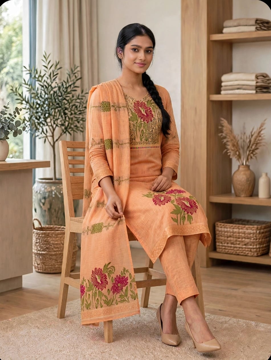 Peach Floral Printed Kurta Set thumbnail 3