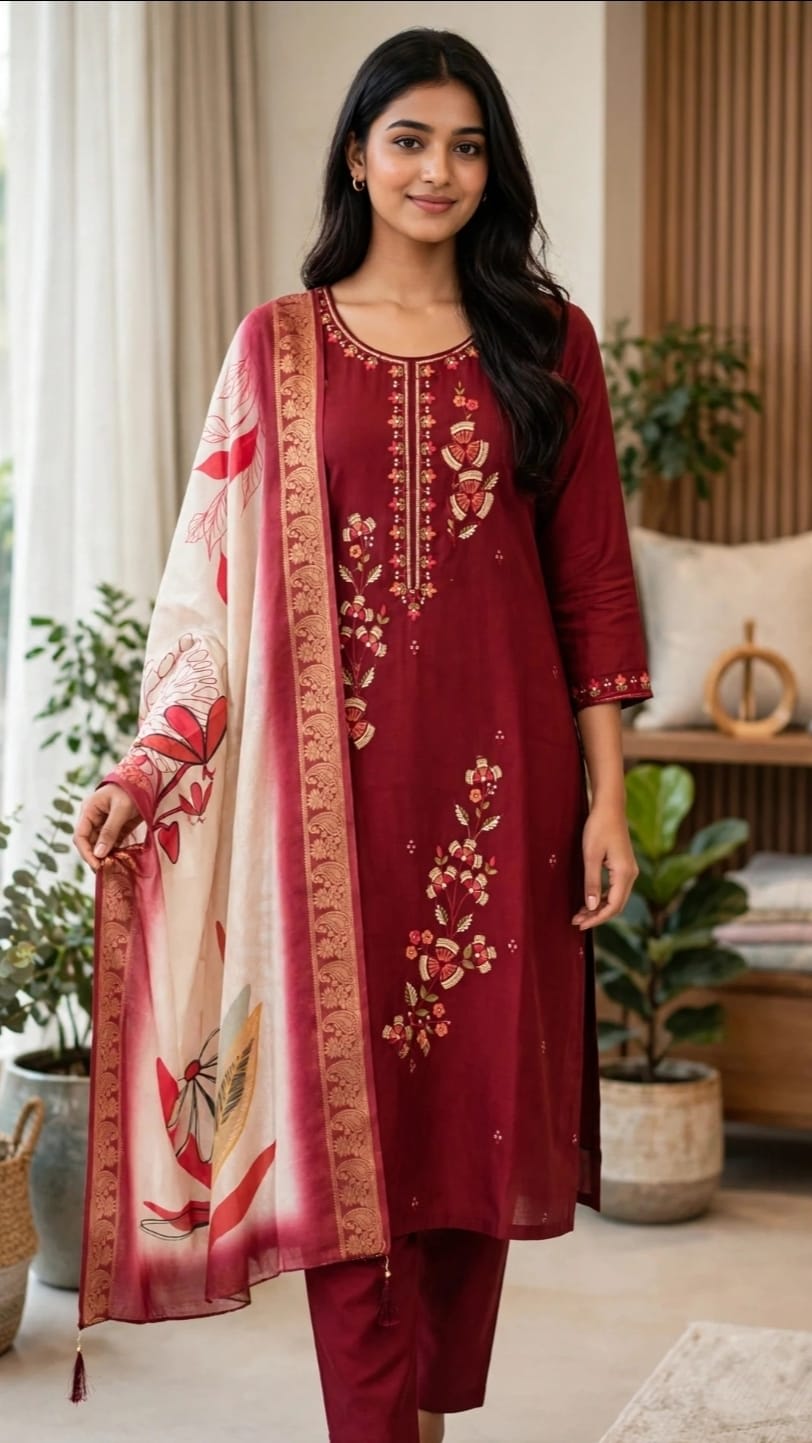 Maroon Floral Embroidered Kurti Set thumbnail 2