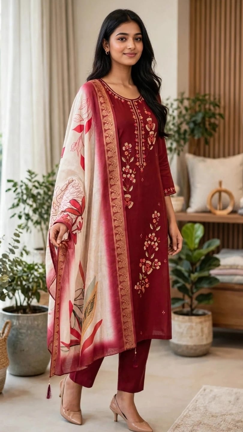 Maroon Floral Embroidered Kurti Set thumbnail 3
