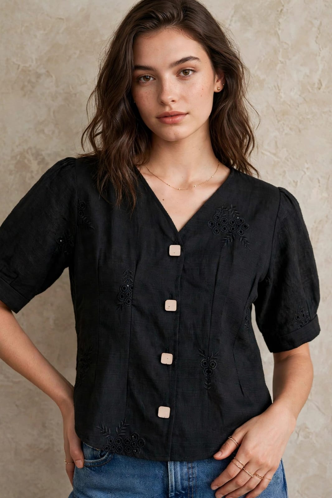 Black Embroidered Puff Sleeve Western Top thumbnail 4