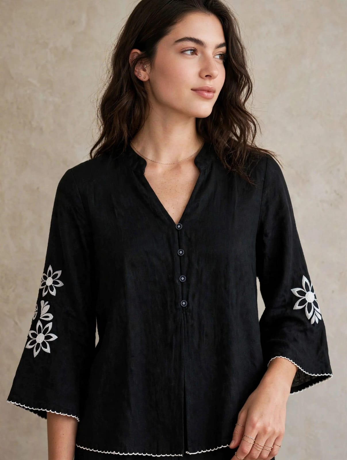 Black Floral Embroidered Flared Sleeve Western Top thumbnail 3