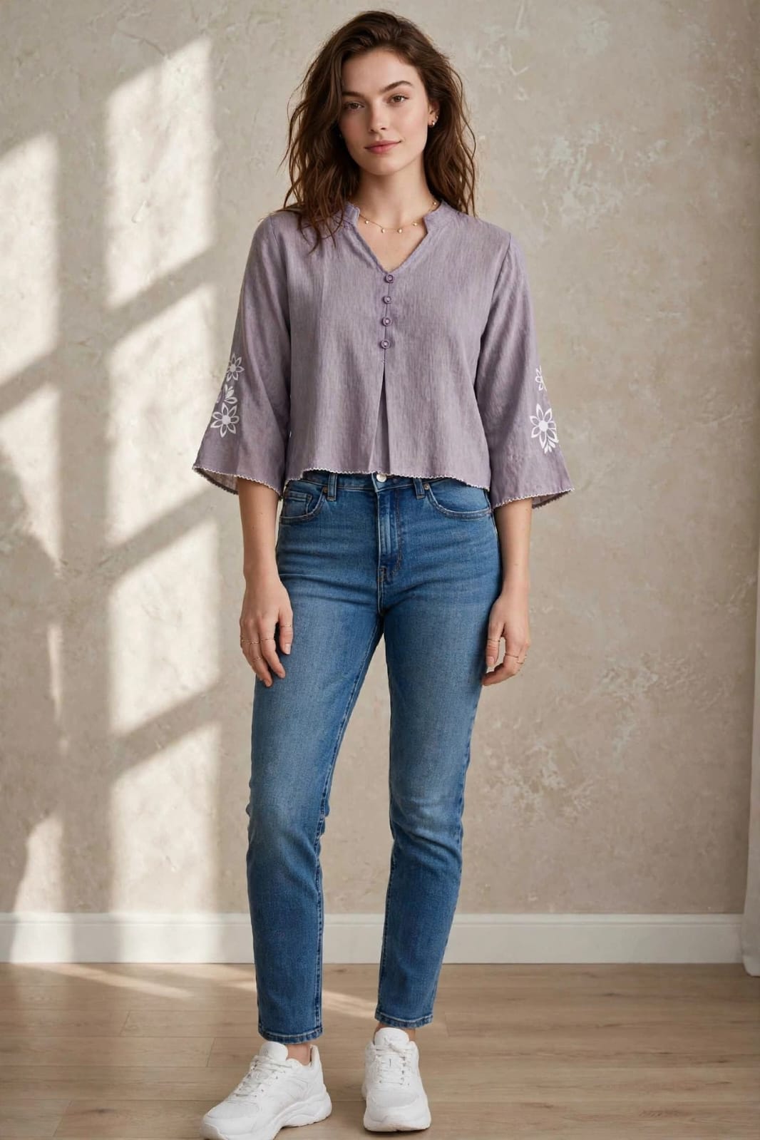 Lavender Floral Embroidered Flared Sleeve Western Top