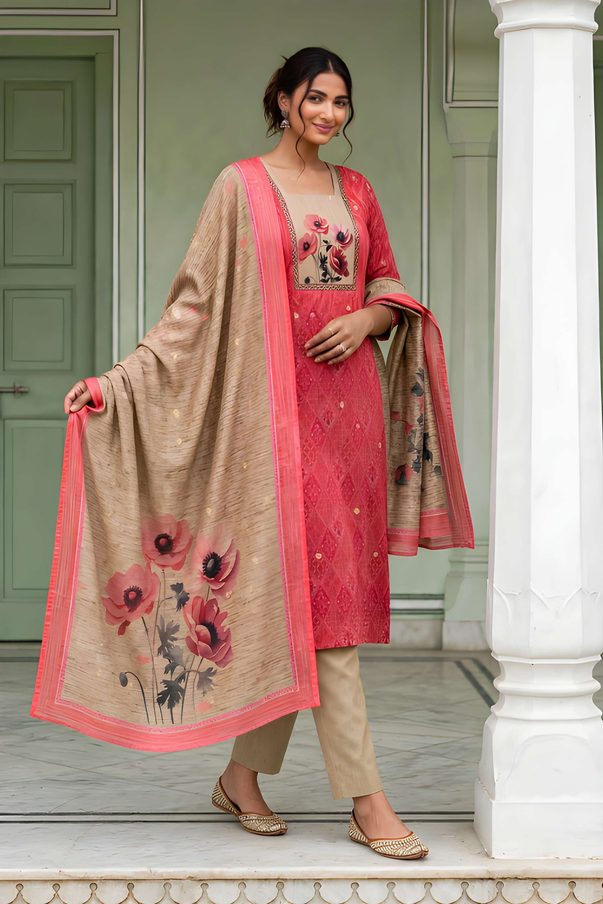Peach Printed Straight Kurta Set