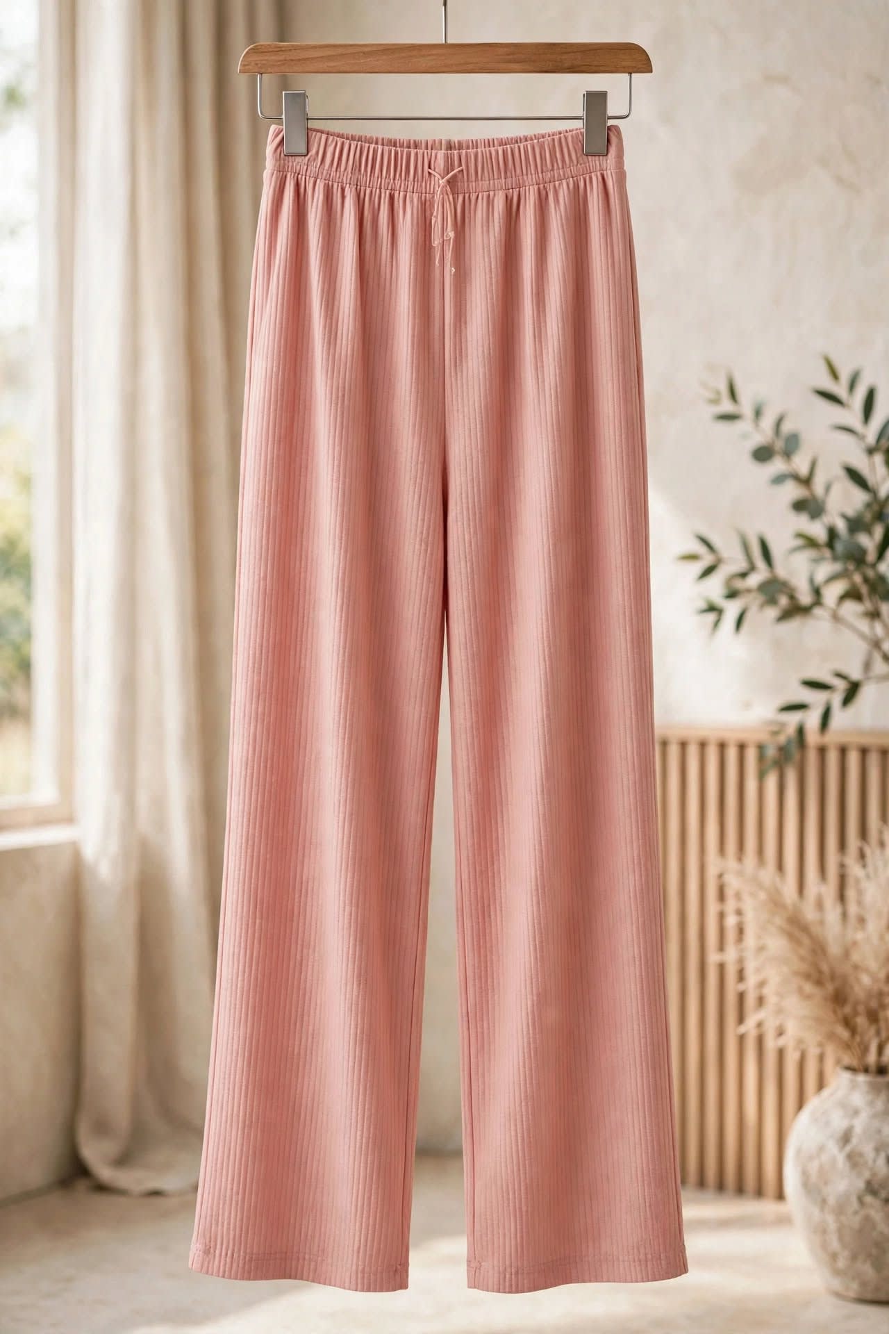 Ribbed Wide-leg Lounge Pants – Peach Pink