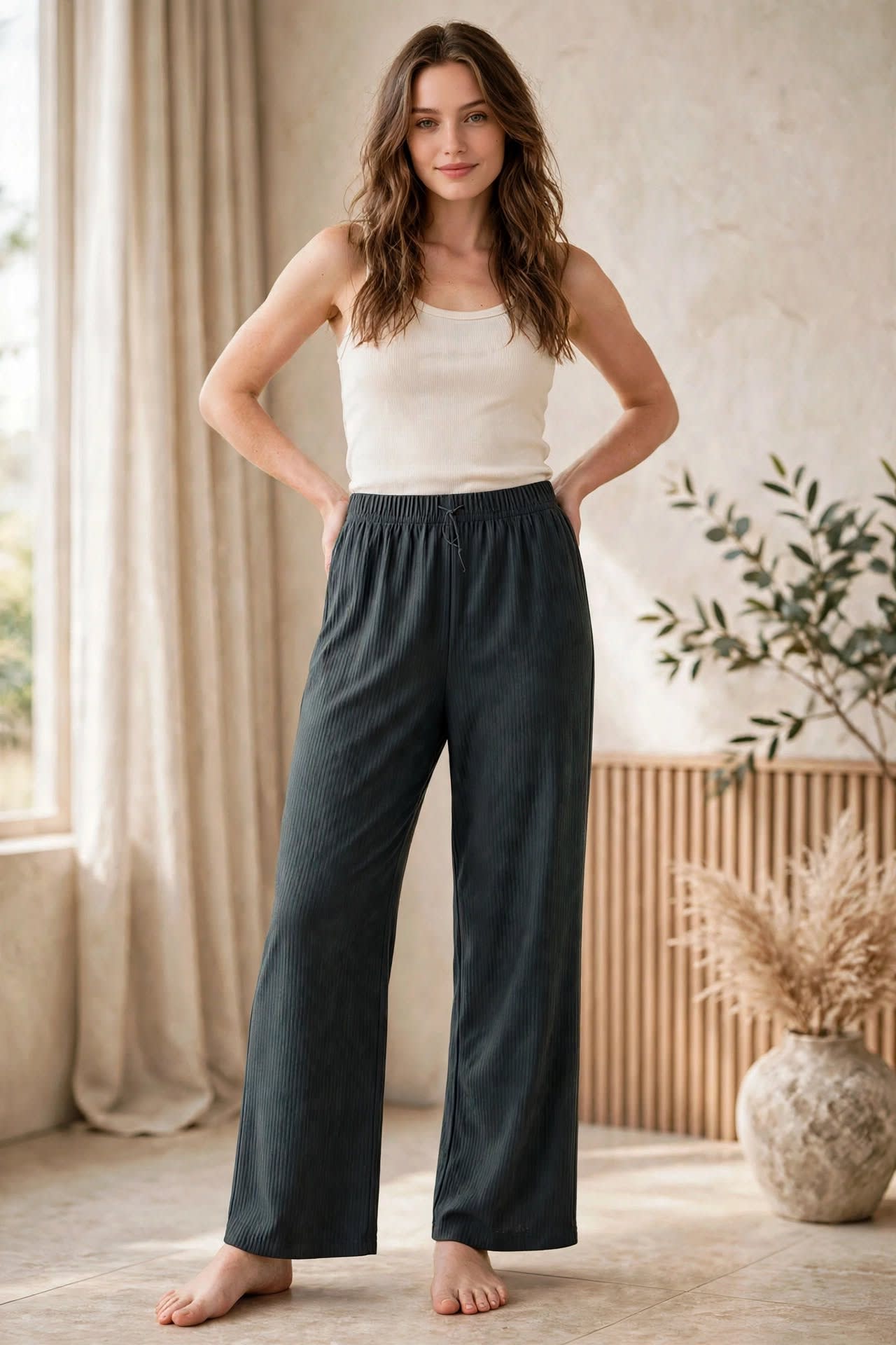 Ribbed Wide-leg Lounge Pants – Gray thumbnail 3