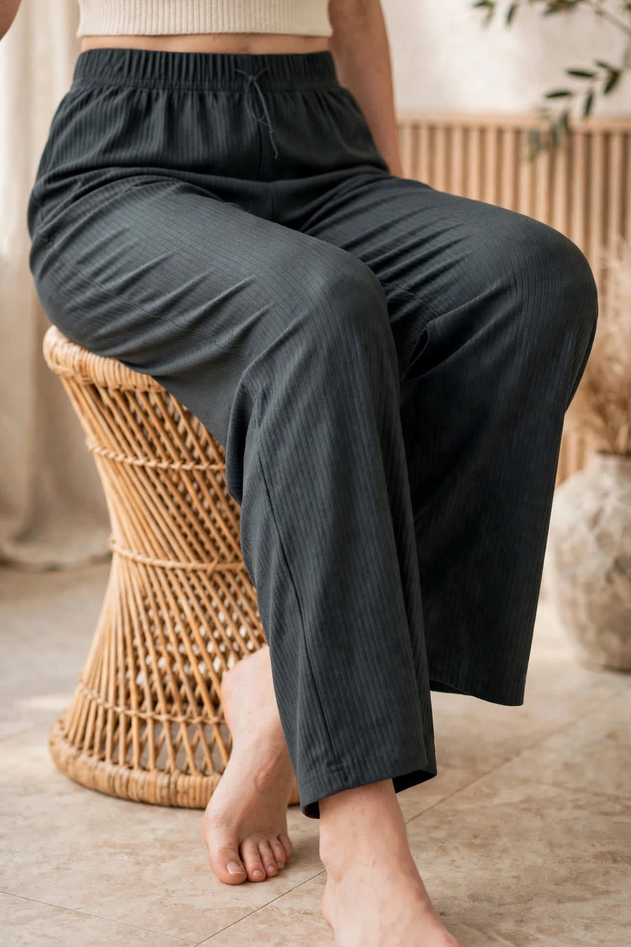 Ribbed Wide-leg Lounge Pants – Gray thumbnail 4