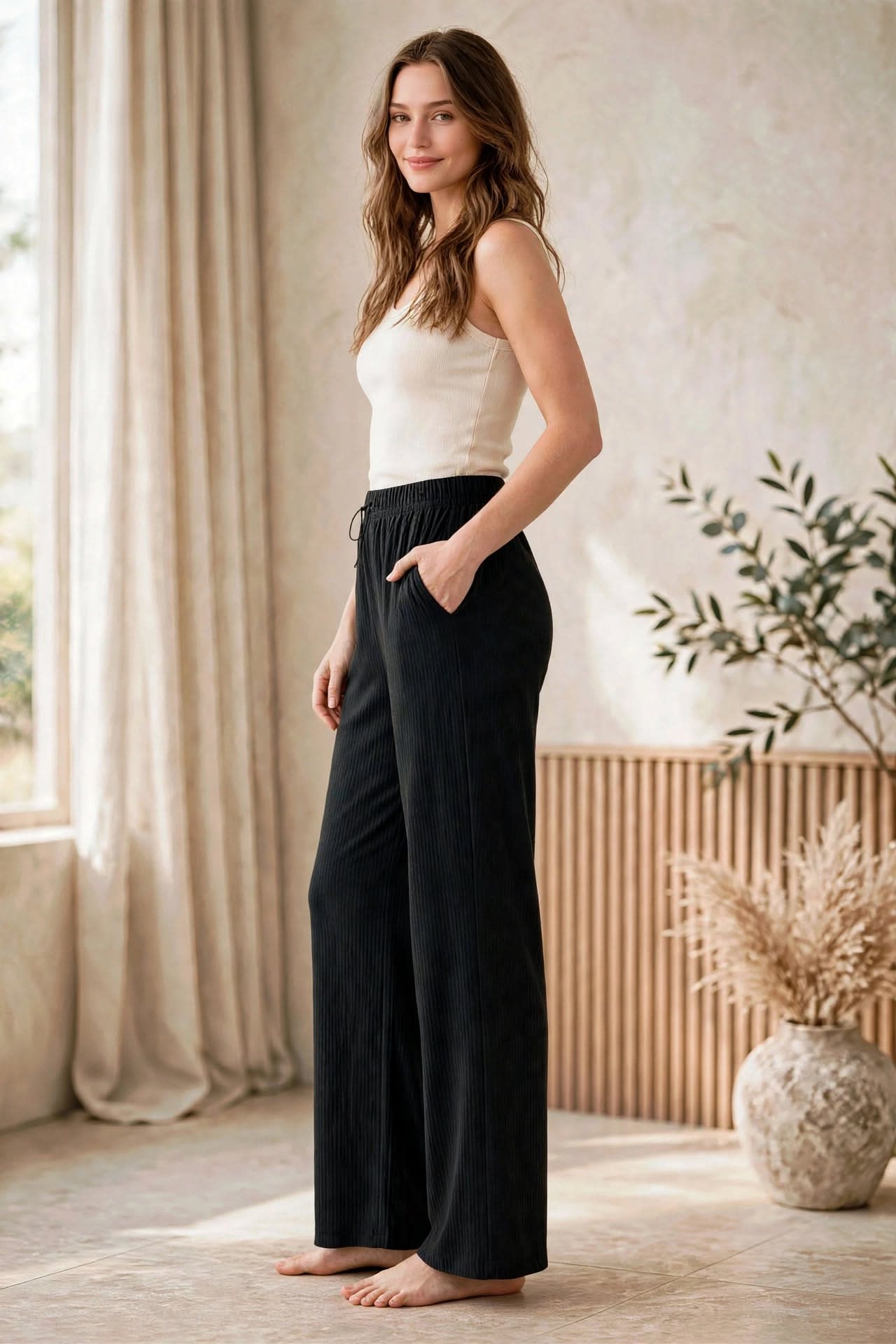 Ribbed Wide-leg Lounge Pants – Black thumbnail 2