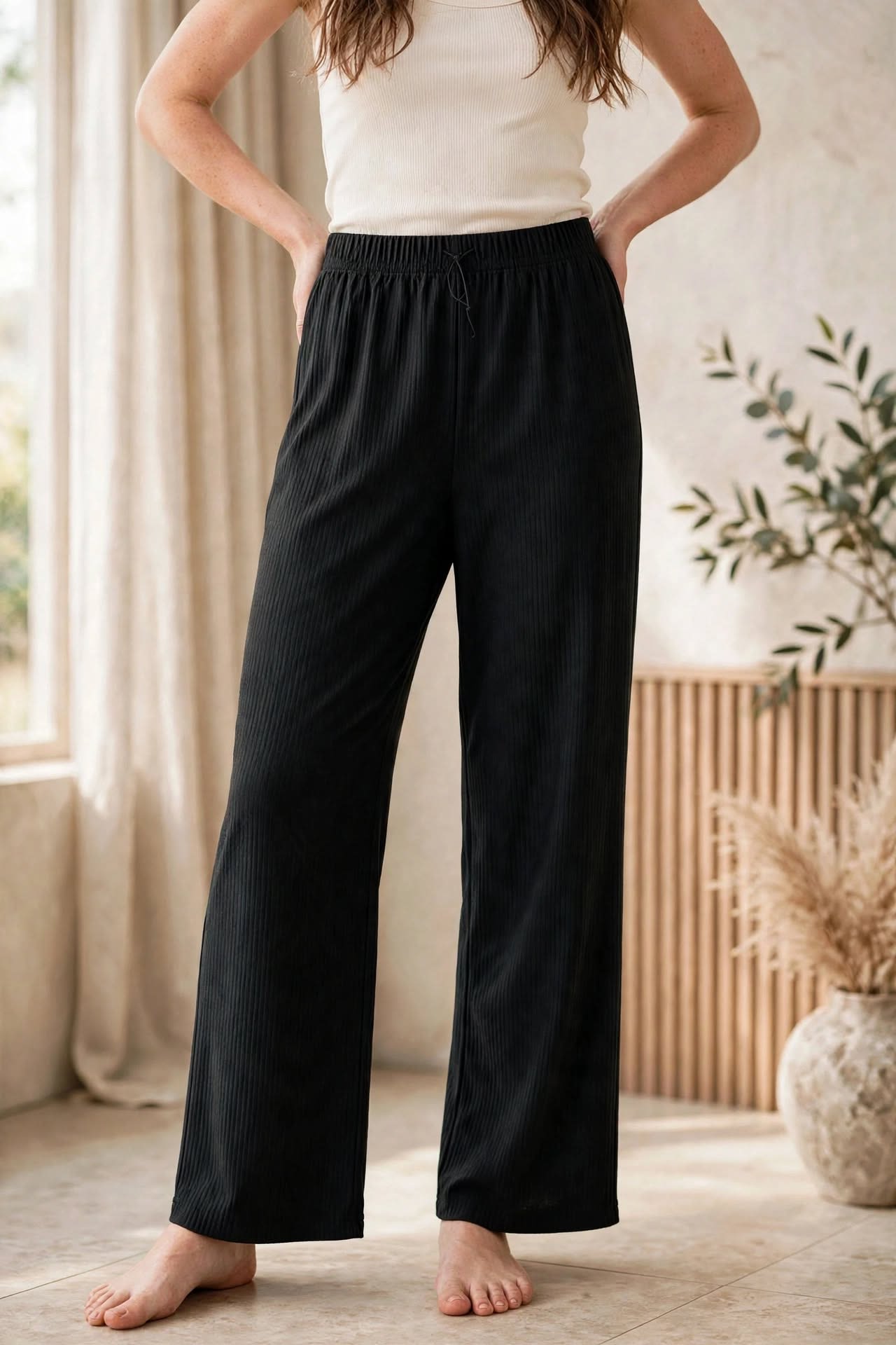 Ribbed Wide-leg Lounge Pants – Black thumbnail 3