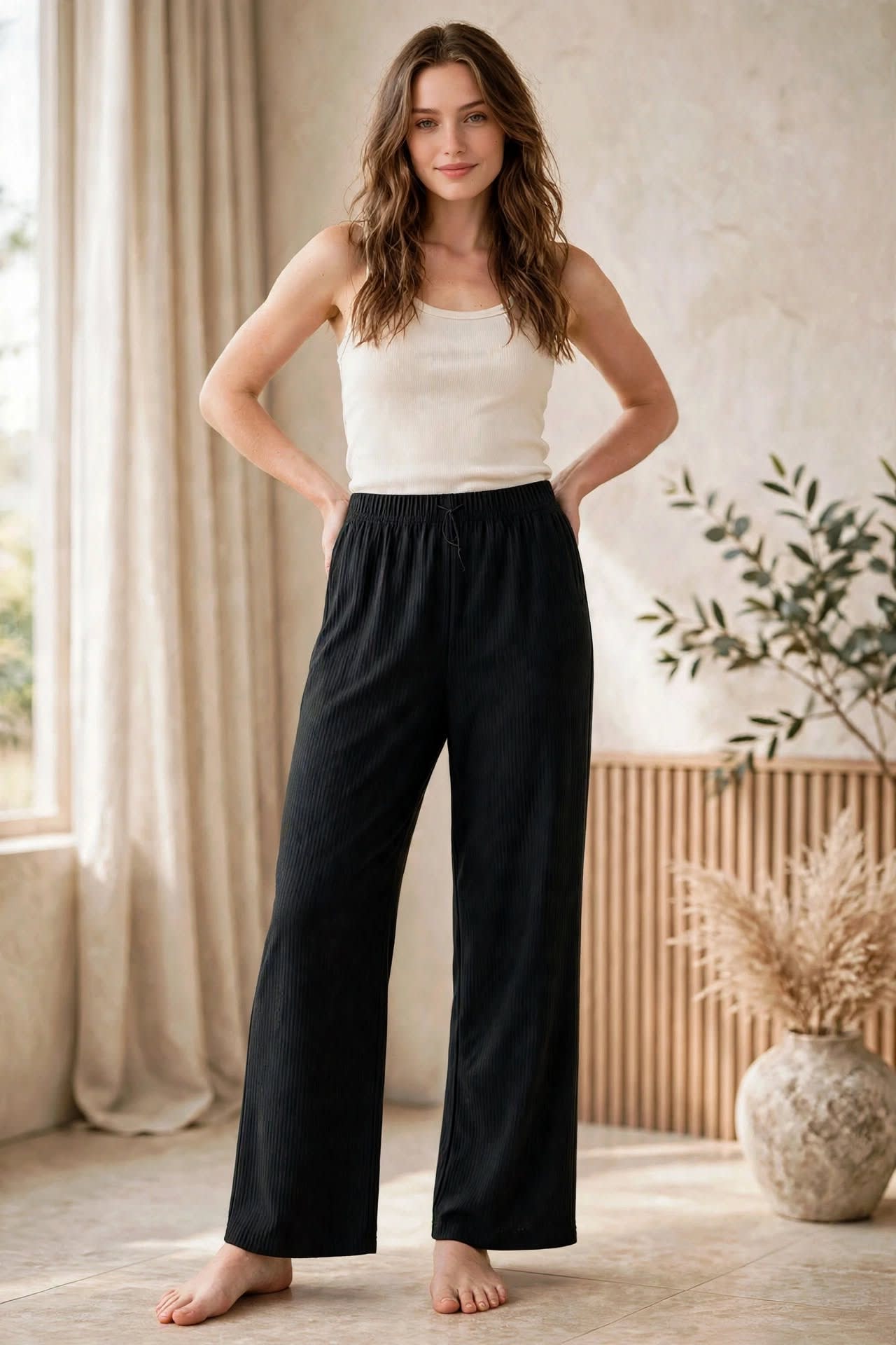 Ribbed Wide-leg Lounge Pants – Black thumbnail 4