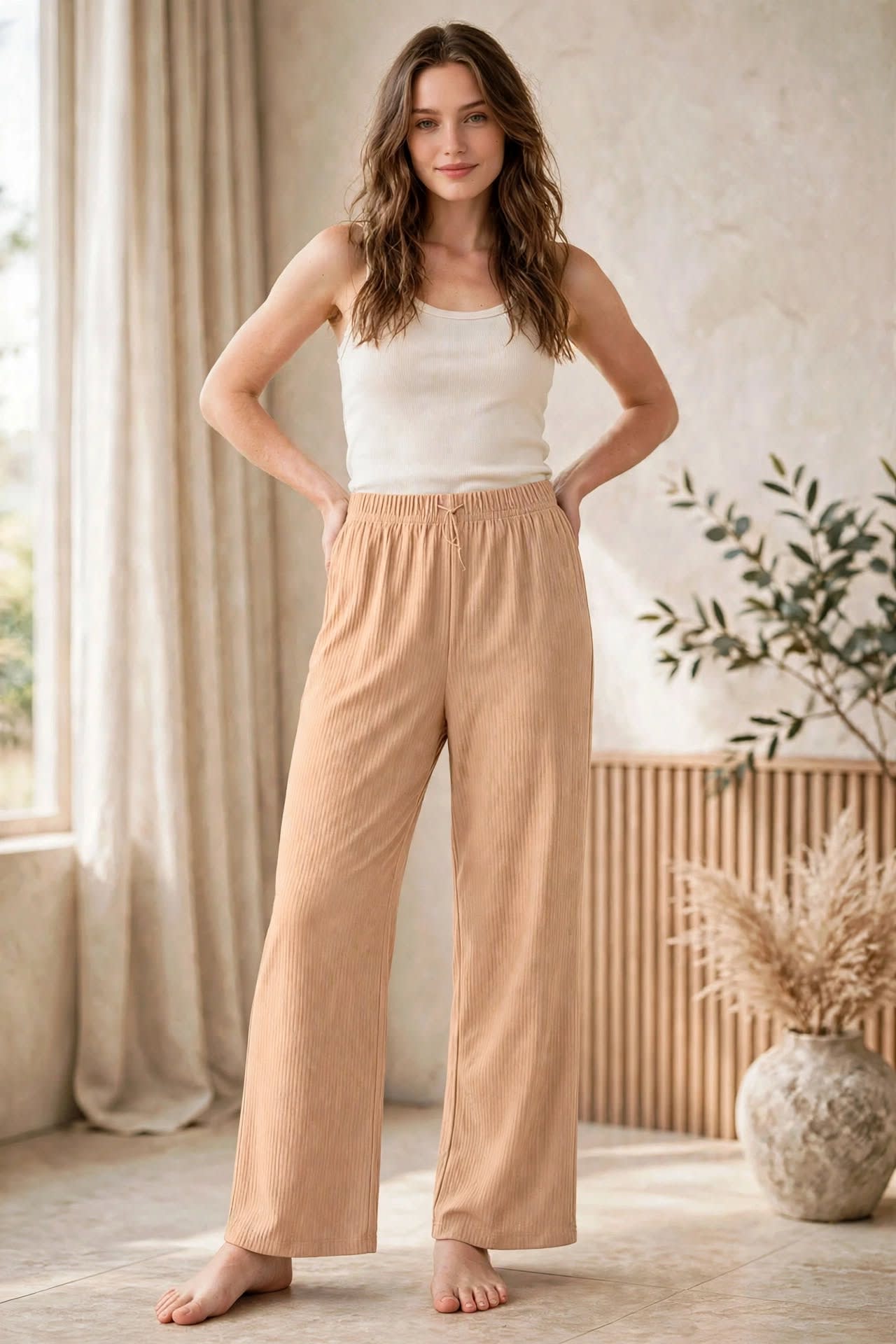 Ribbed Wide-leg Lounge Pants - Skin thumbnail 5