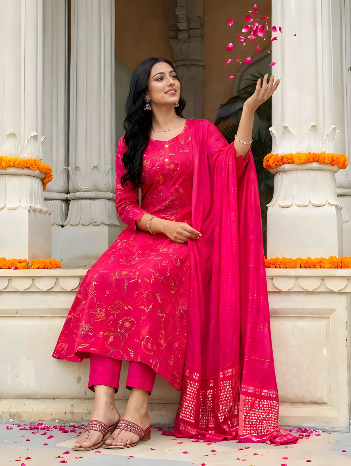 Pink Floral Printed A-line Kurta Set thumbnail 2