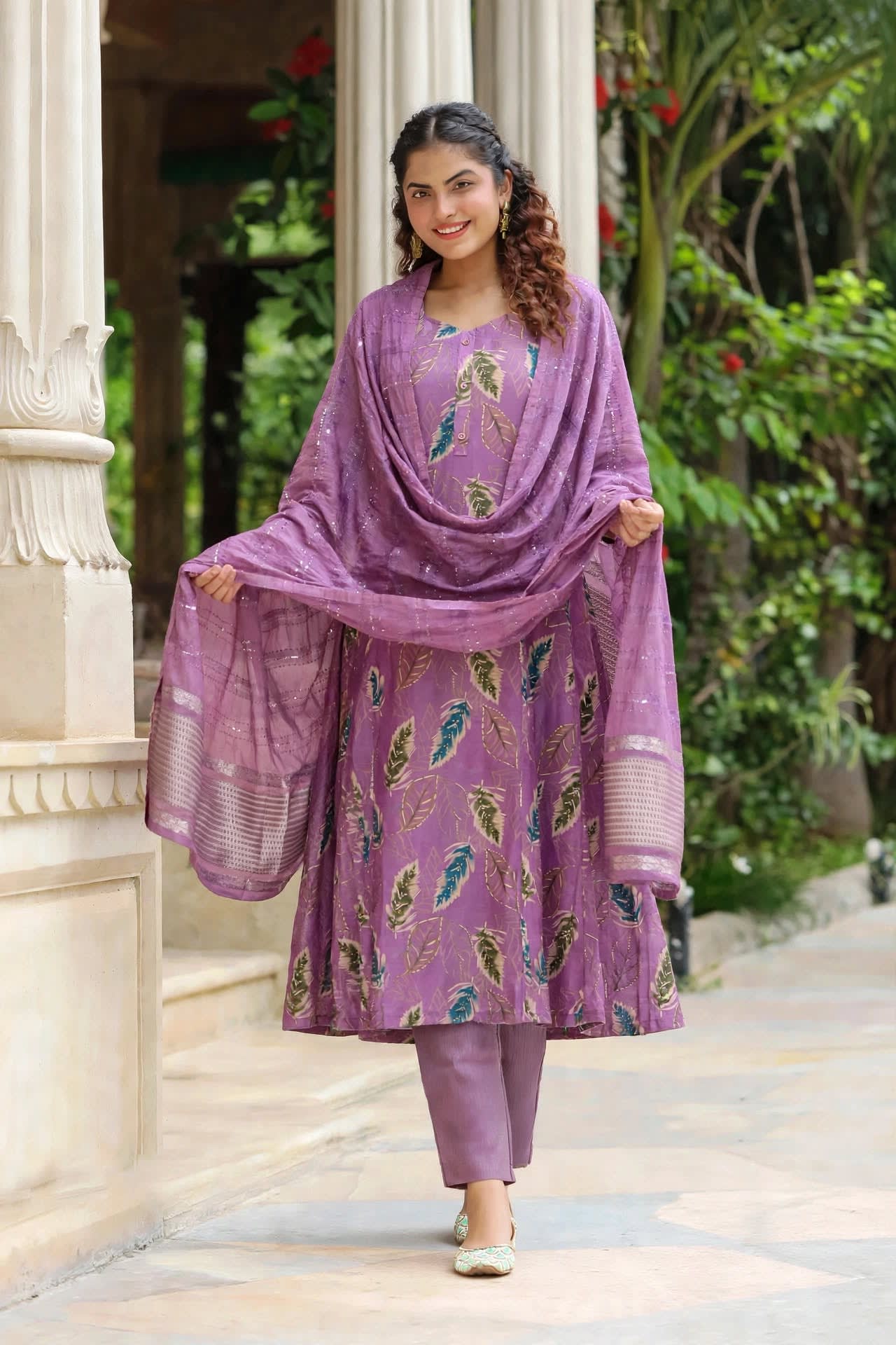 Lavender Feather Printed A-line Kurta Set thumbnail 4