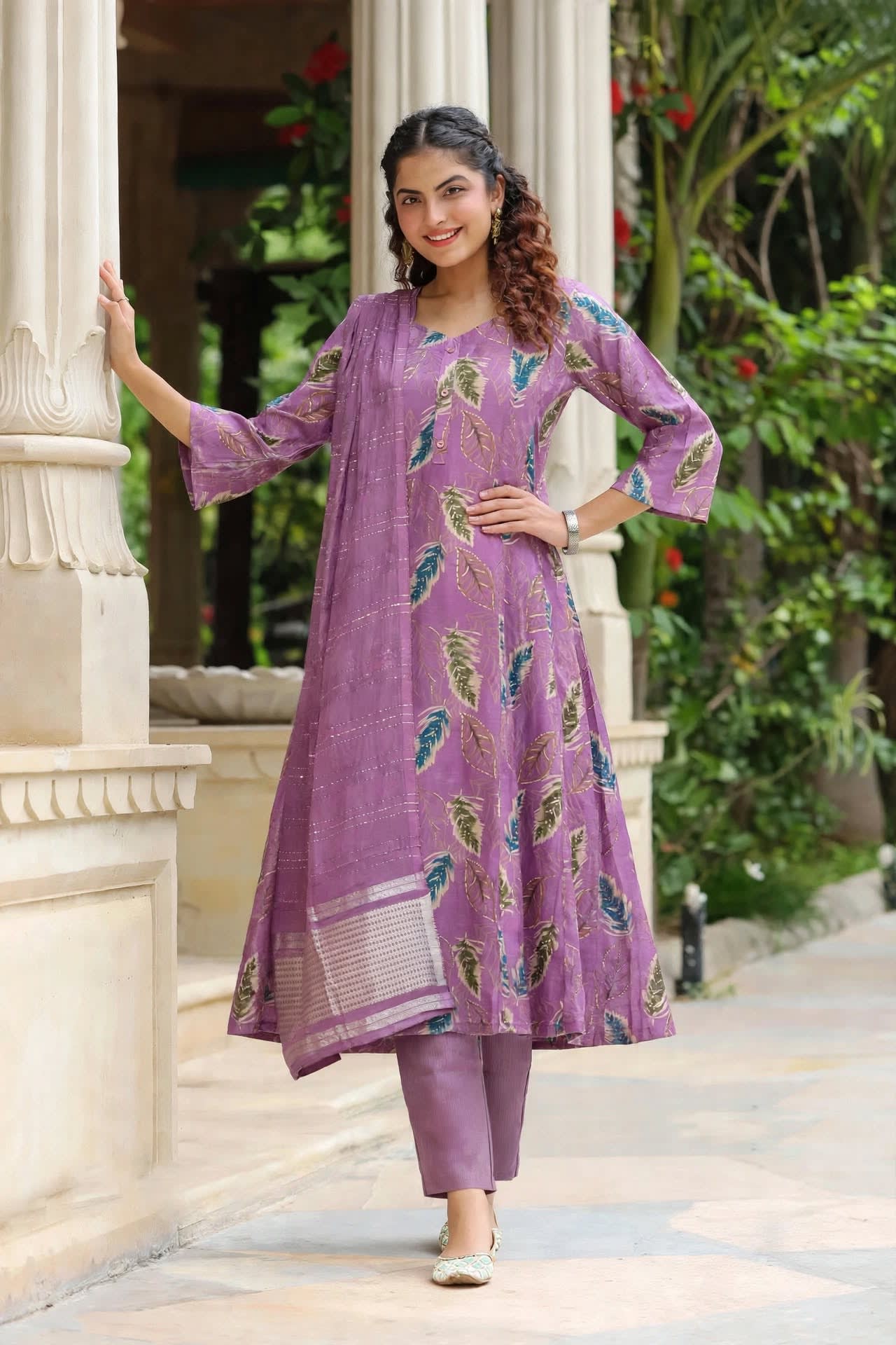 Lavender Feather Printed A-line Kurta Set thumbnail 6