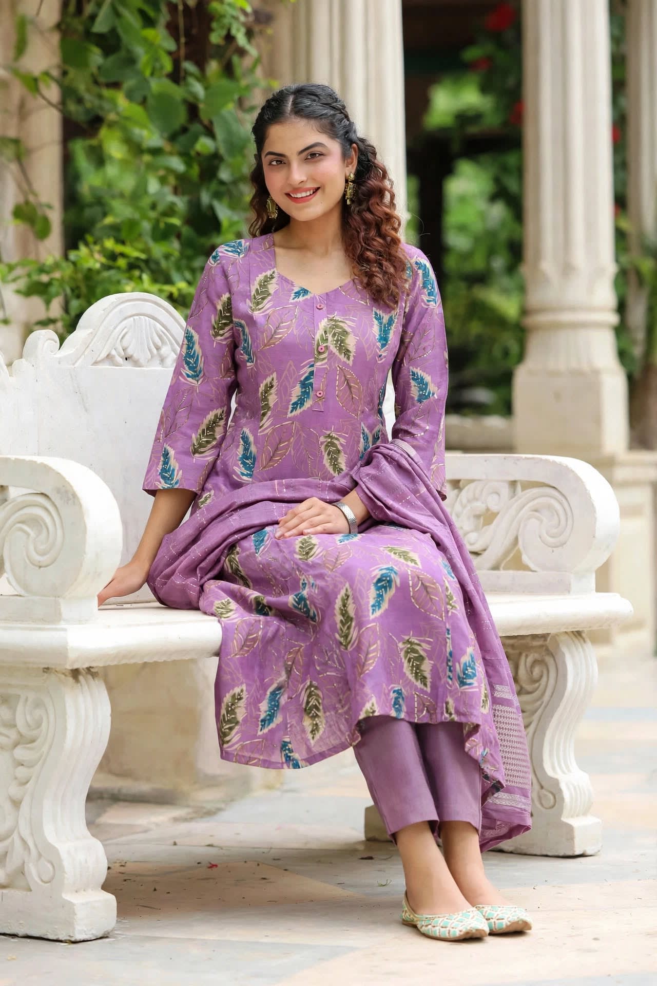 Lavender Feather Printed A-line Kurta Set
