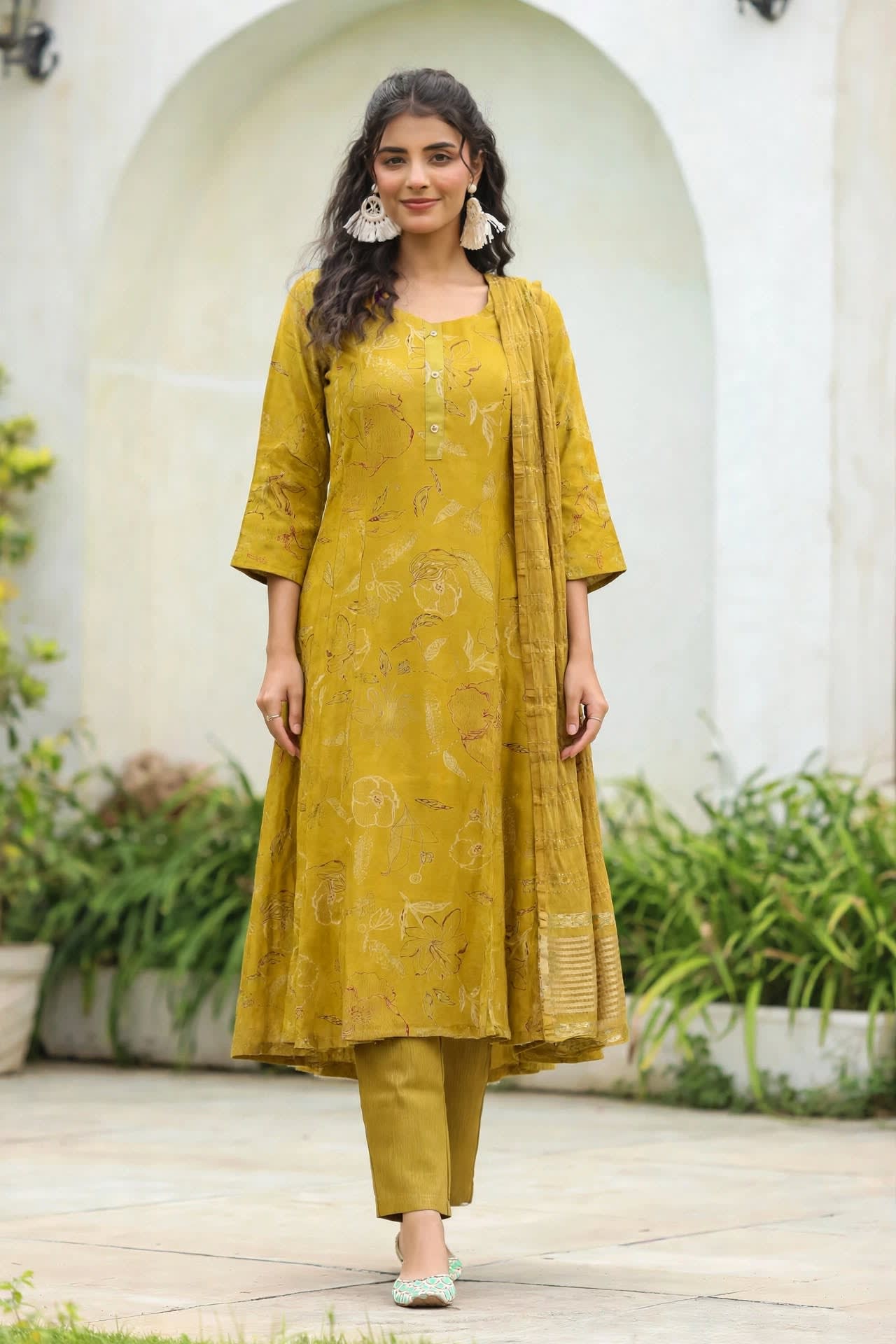 Mustard Yellow Floral Printed A-line Kurta Set