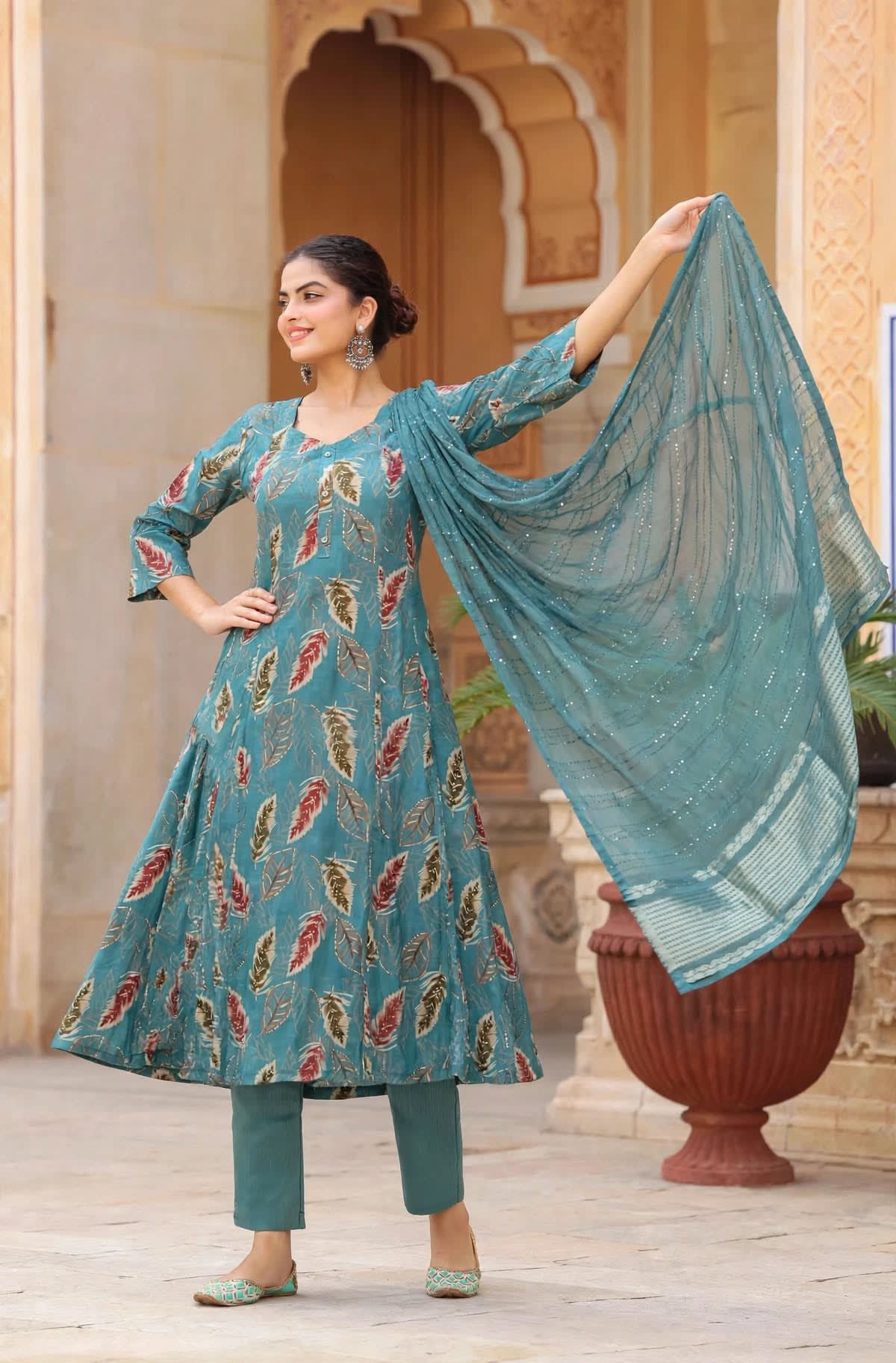 Teal Blue Feather Printed A-line Kurta Set thumbnail 3