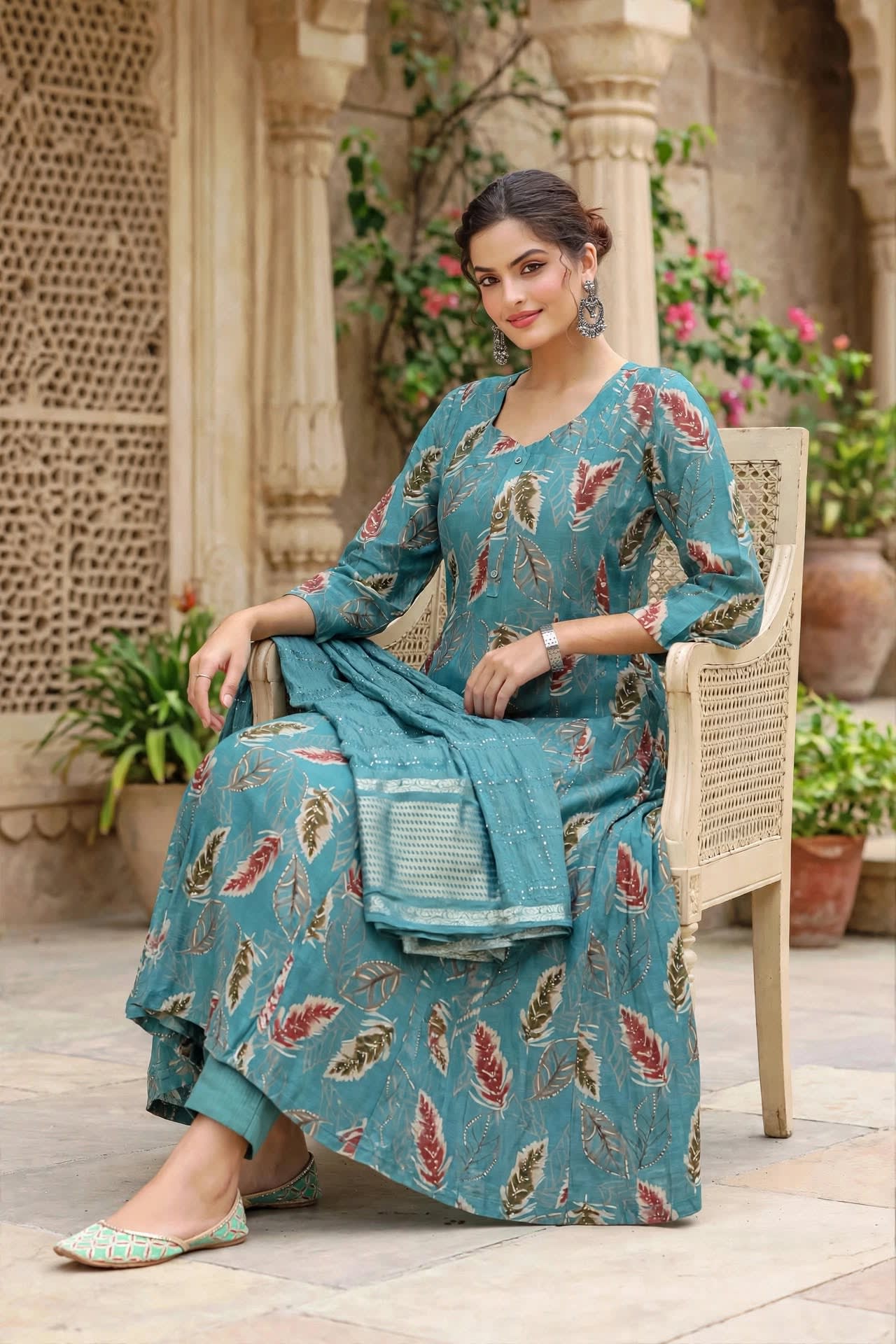 Teal Blue Feather Printed A-line Kurta Set thumbnail 6