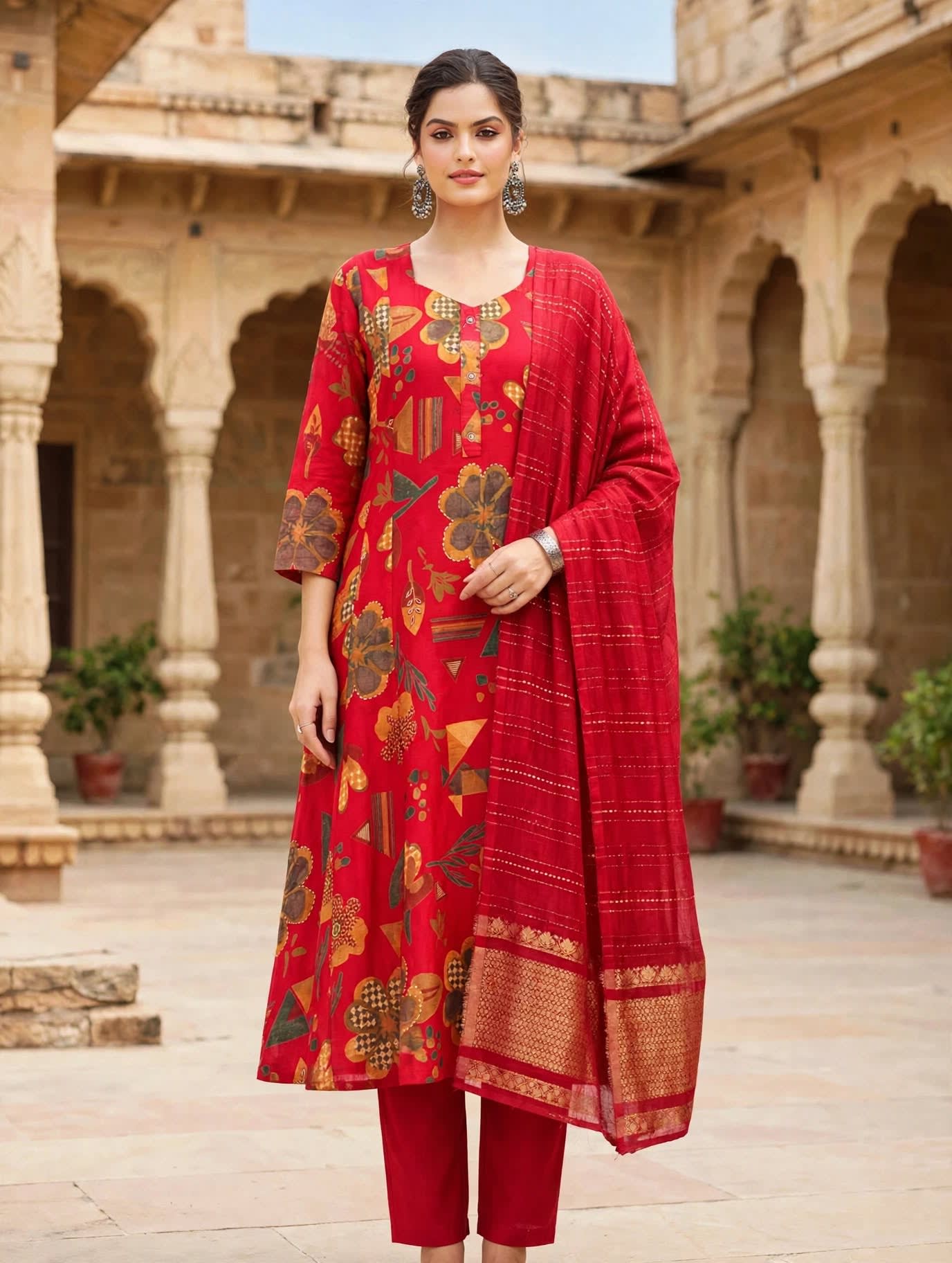Red Floral Printed A-line Kurta Set thumbnail 5