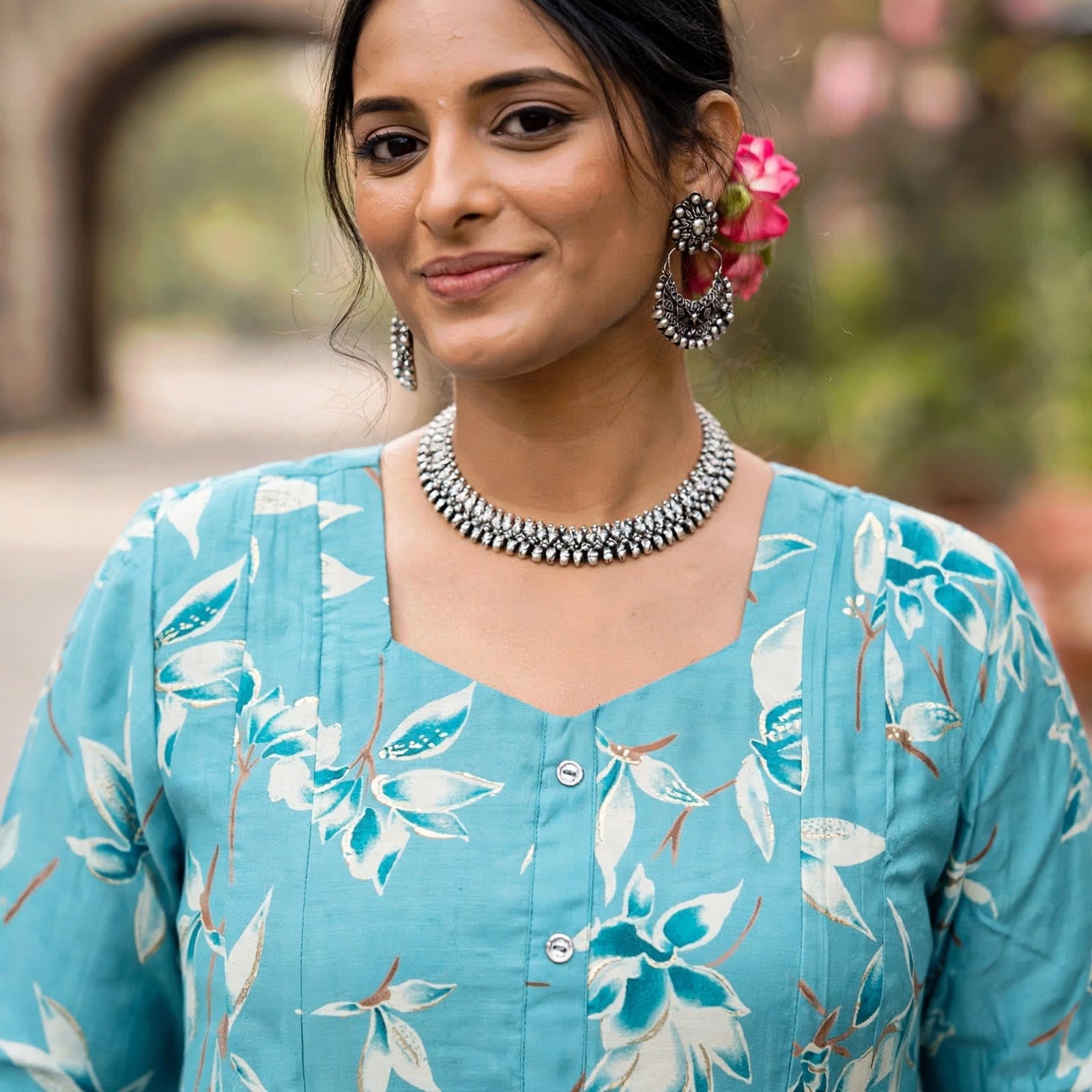 Teal Blue Floral Printed A-line Kurta Set thumbnail 2
