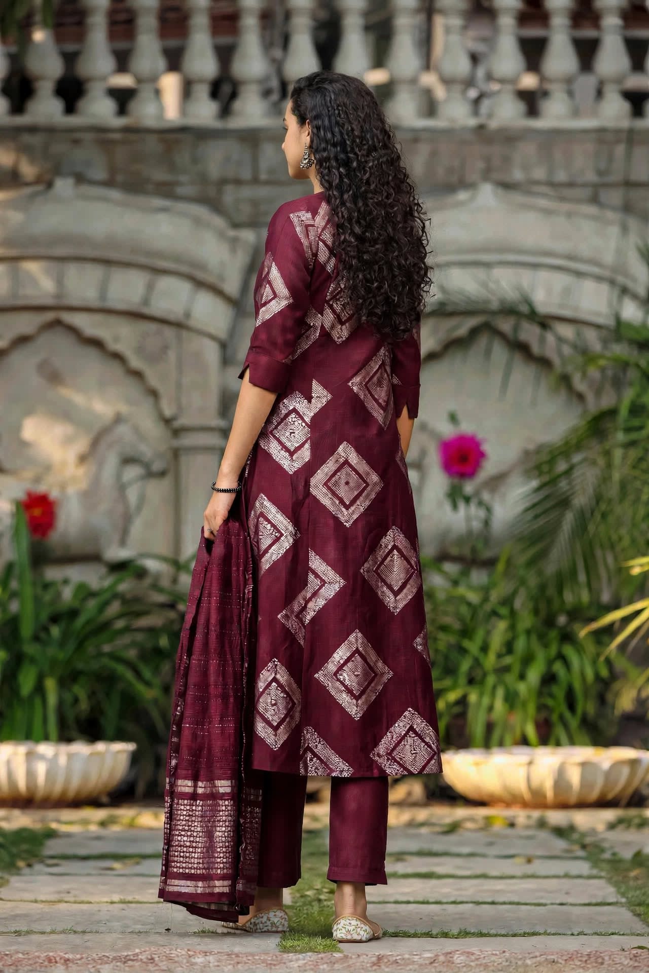 Wine Maroon Geometric Printed A-line Kurta Set