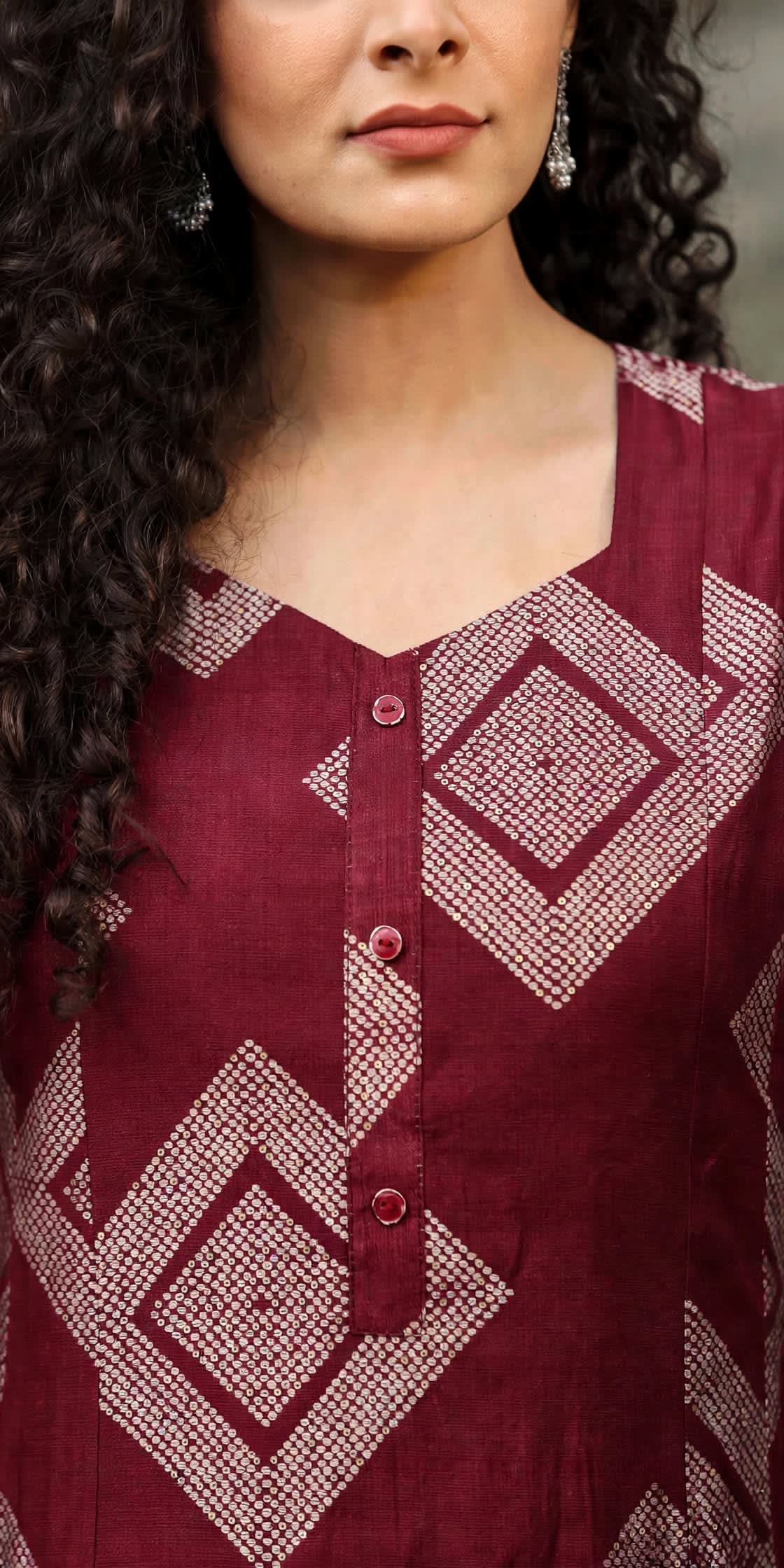 Wine Maroon Geometric Printed A-line Kurta Set thumbnail 3