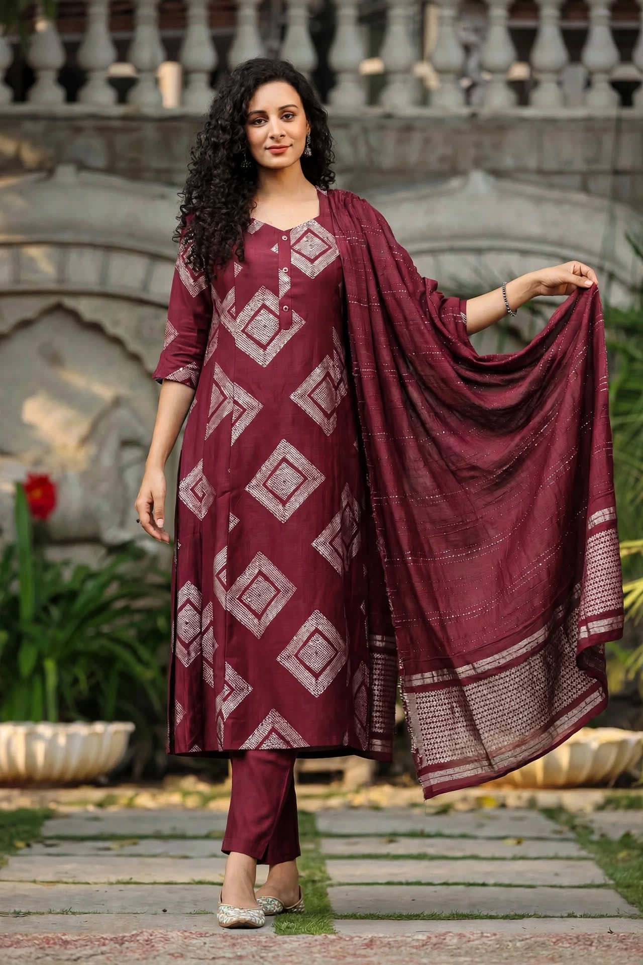 Wine Maroon Geometric Printed A-line Kurta Set thumbnail 5