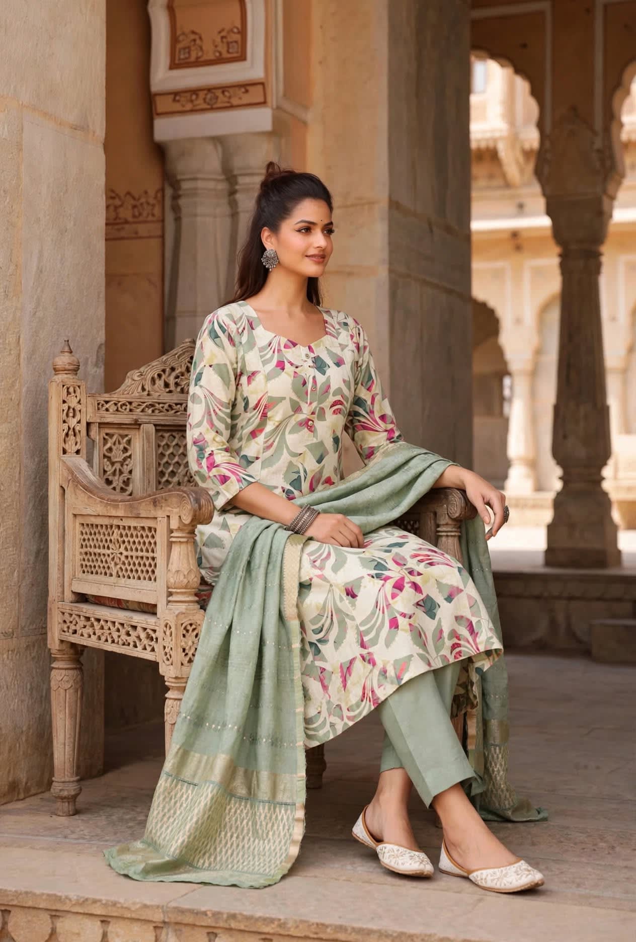 Sage Green Floral Printed A-line Kurta Set