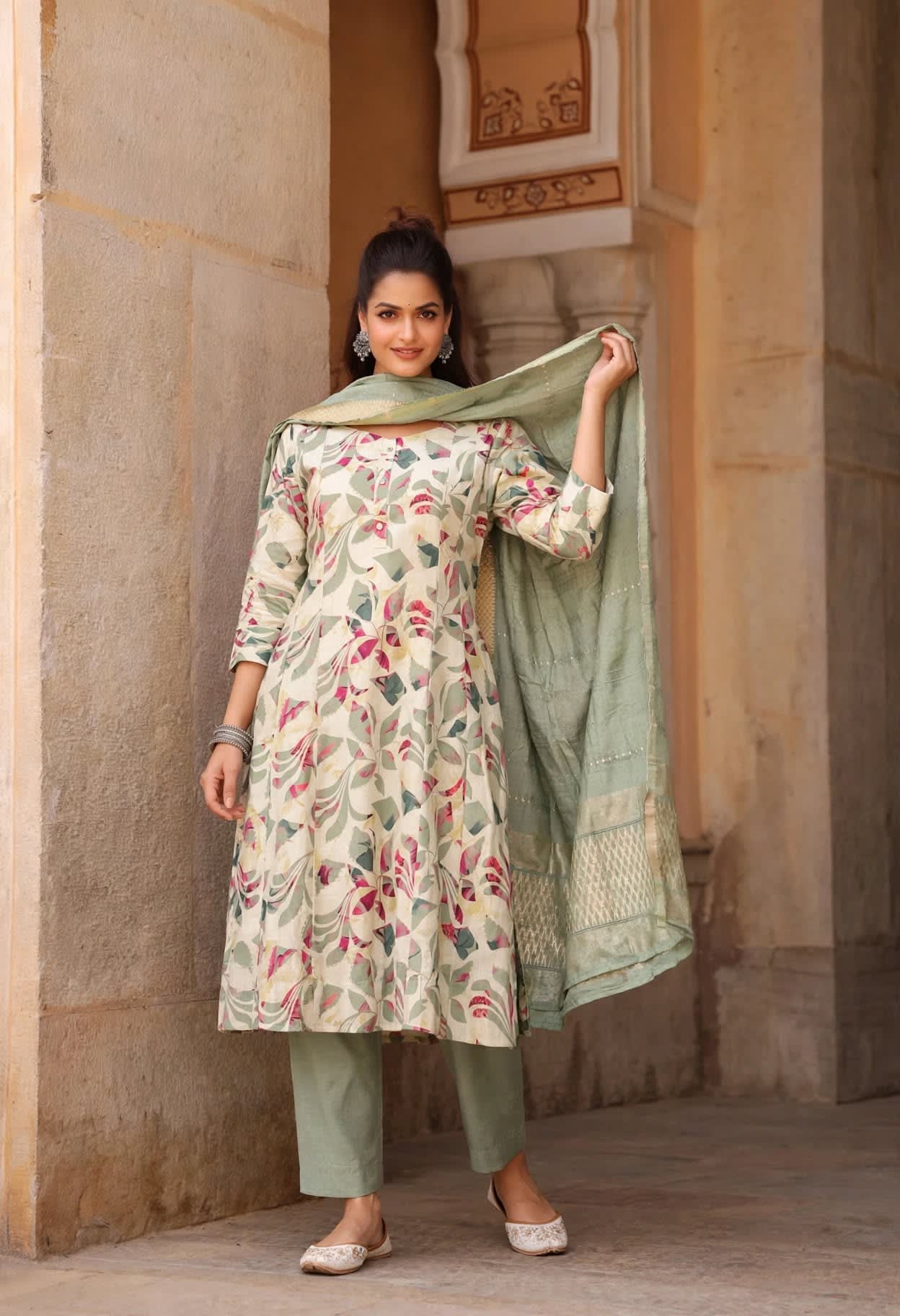 Sage Green Floral Printed A-line Kurta Set thumbnail 3