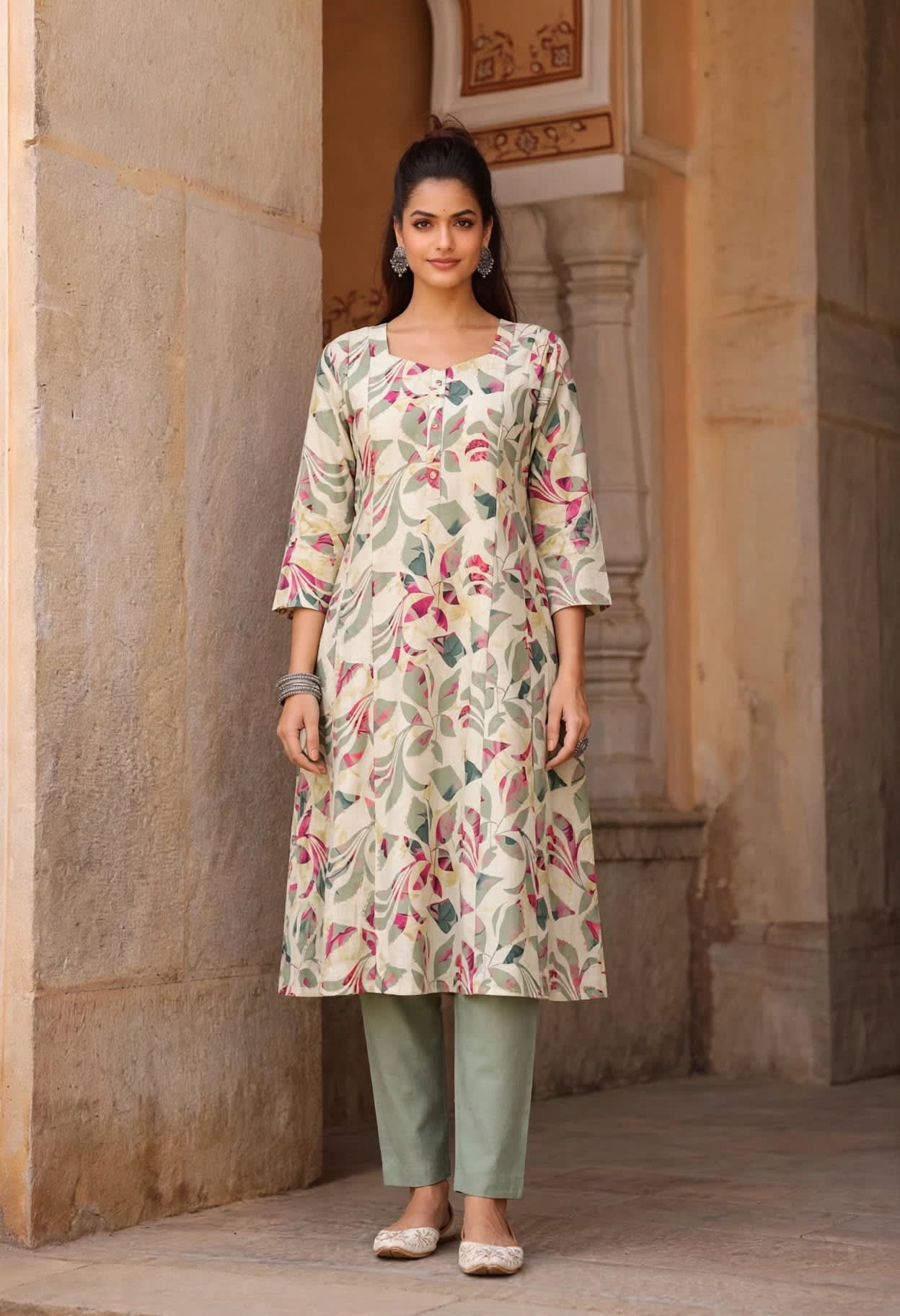 Sage Green Floral Printed A-line Kurta Set thumbnail 5