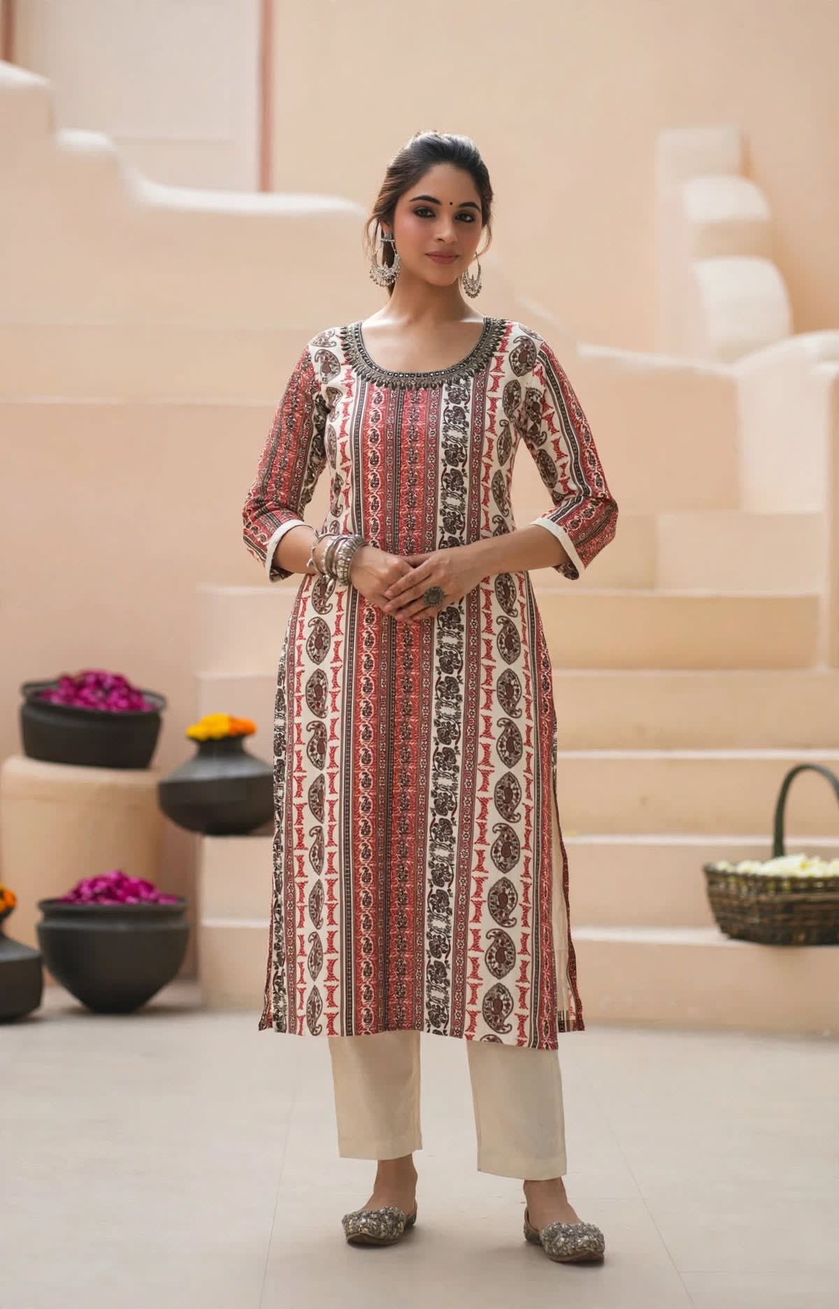 Cream & Black Printed Straight Kurta thumbnail 4