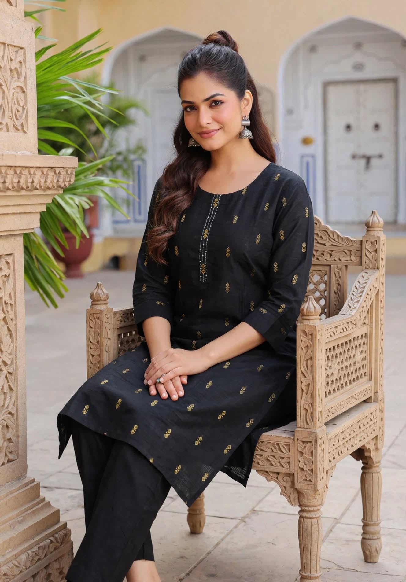 Embroidered Black Straight Kurti With Gold Foil Motifs thumbnail 5