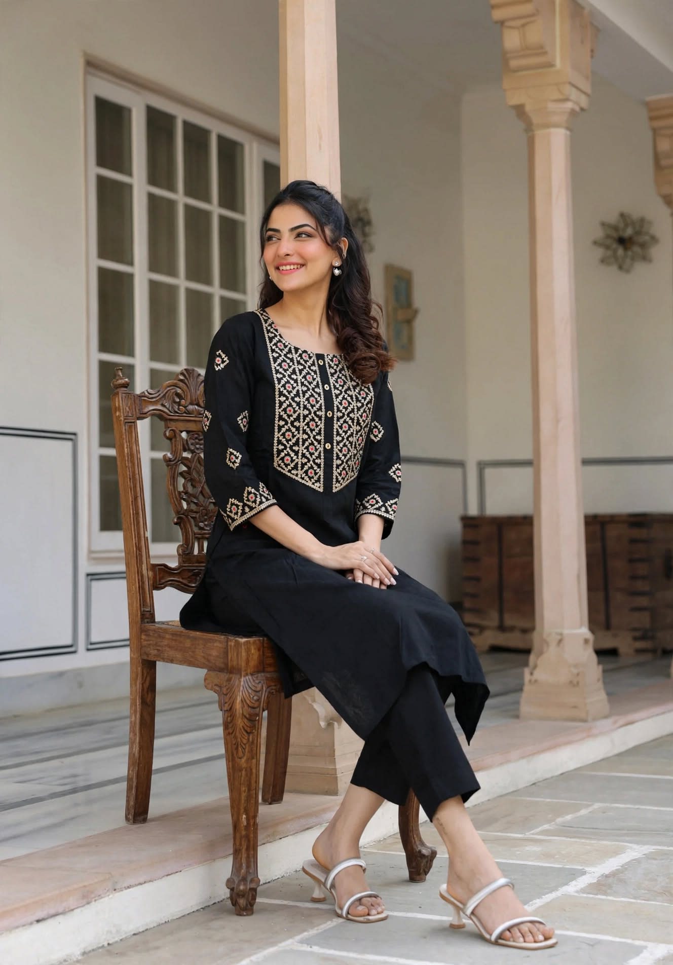 Classic Black Embroidered Straight Kurti thumbnail 5