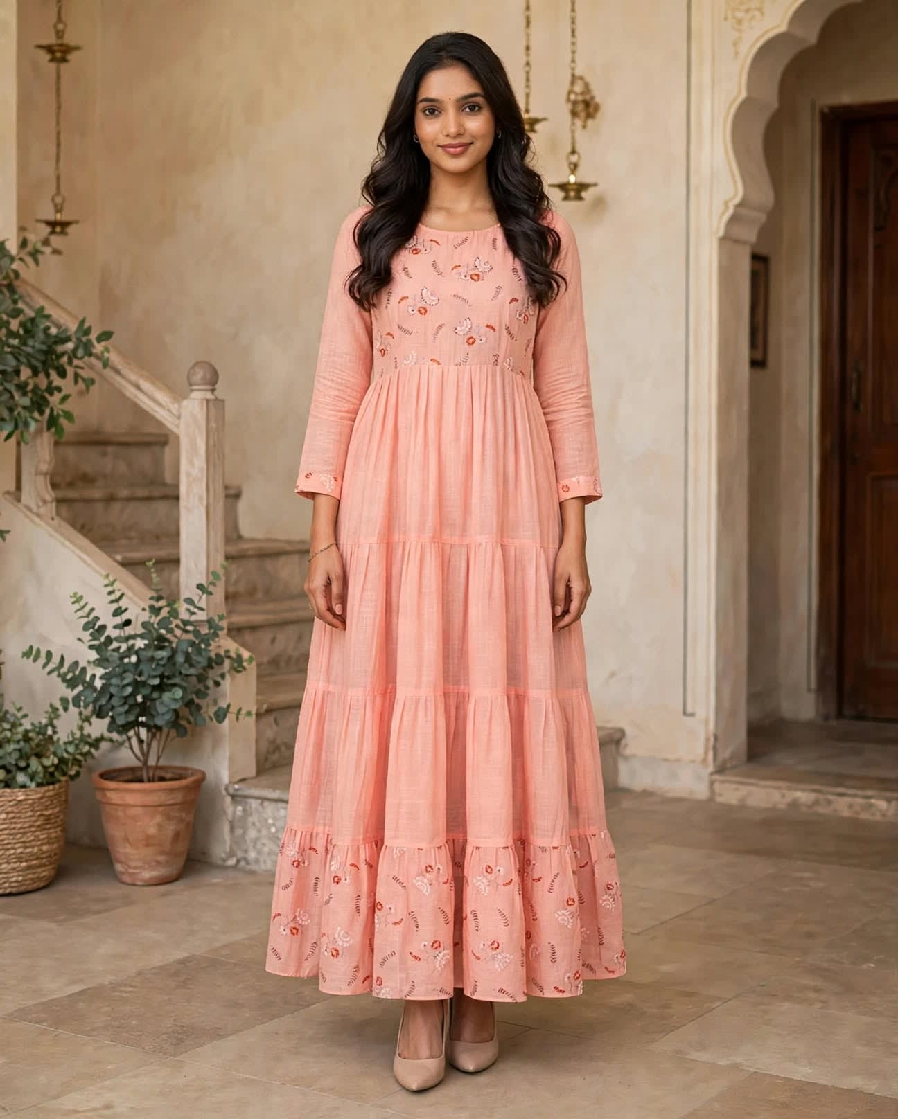 Peach Bloom Tiered Printed Maxi Dress