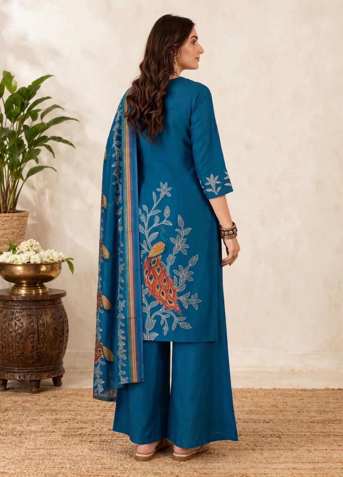 Teal Blue Peacock Floral Printed Kurta Set thumbnail 2