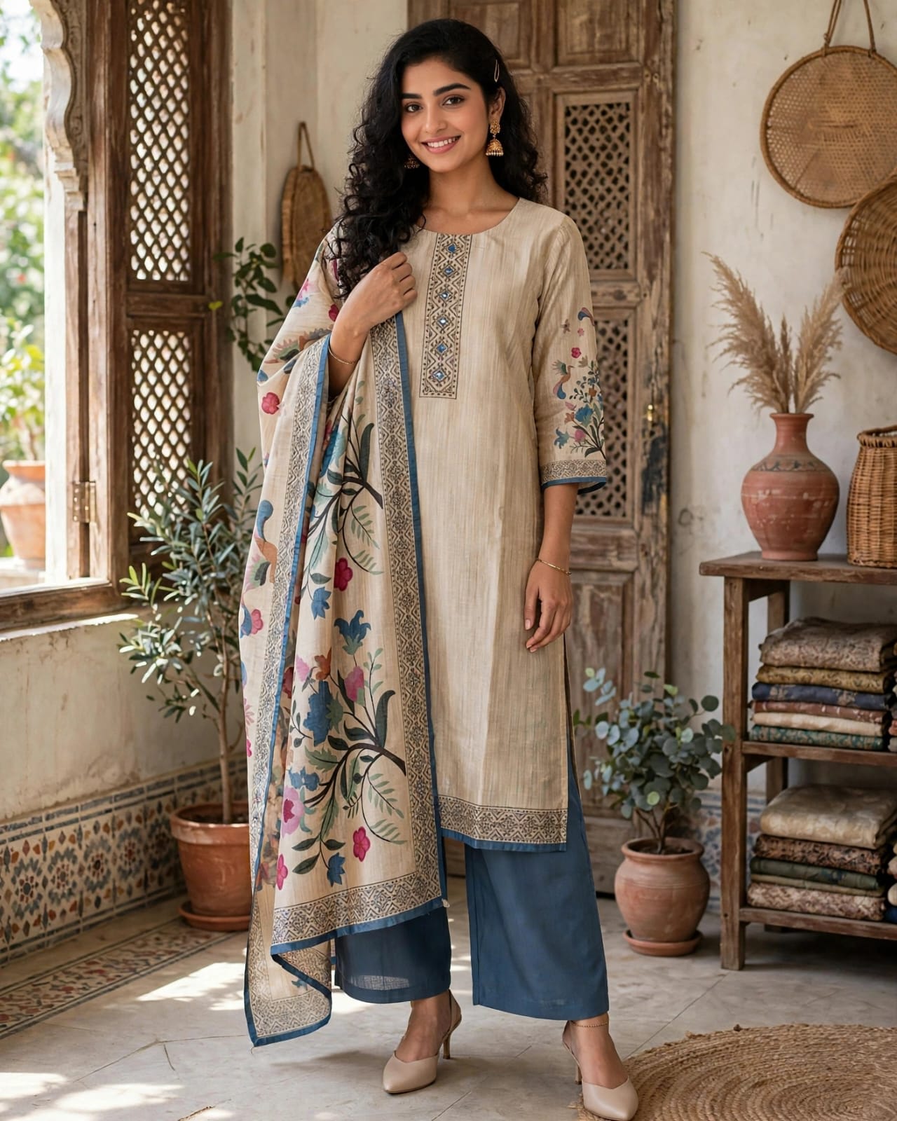 Beige Floral Printed Straight Kurta Set thumbnail 1