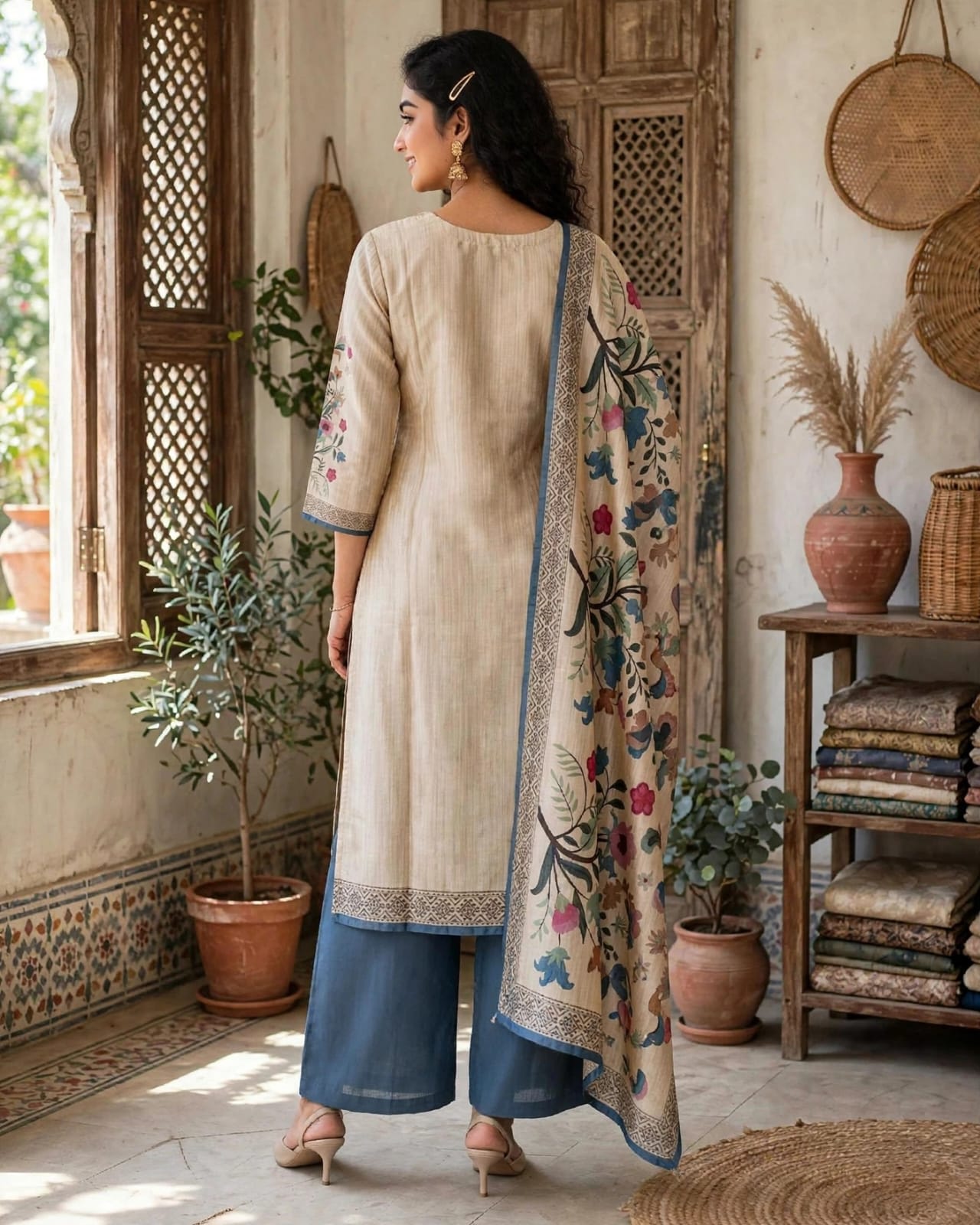 Beige Floral Printed Straight Kurta Set thumbnail 2