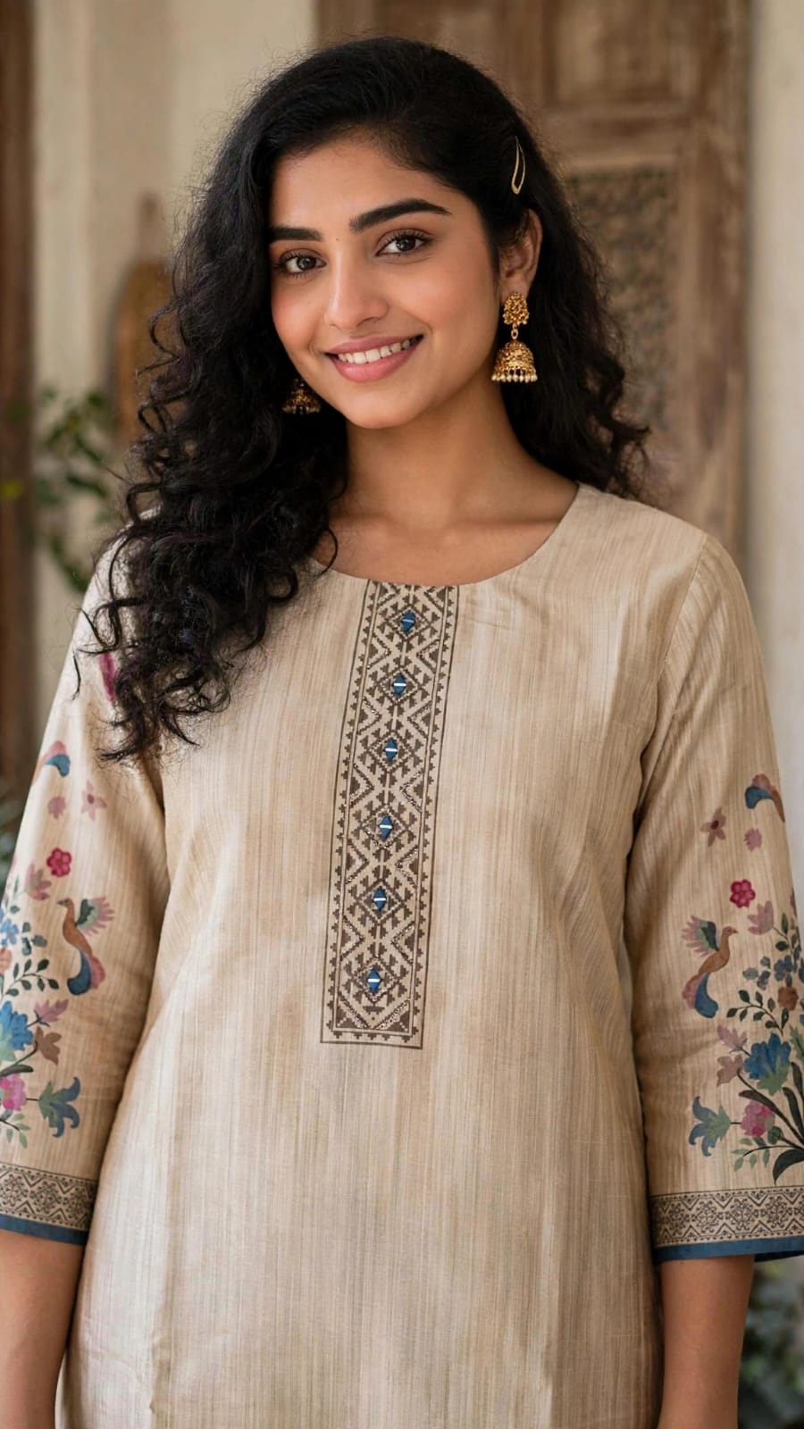 Beige Floral Printed Straight Kurta Set thumbnail 3