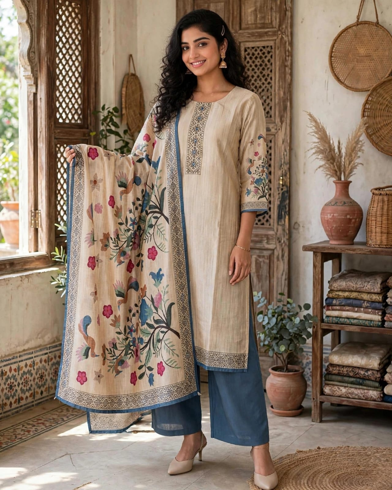 Beige Floral Printed Straight Kurta Set thumbnail 5