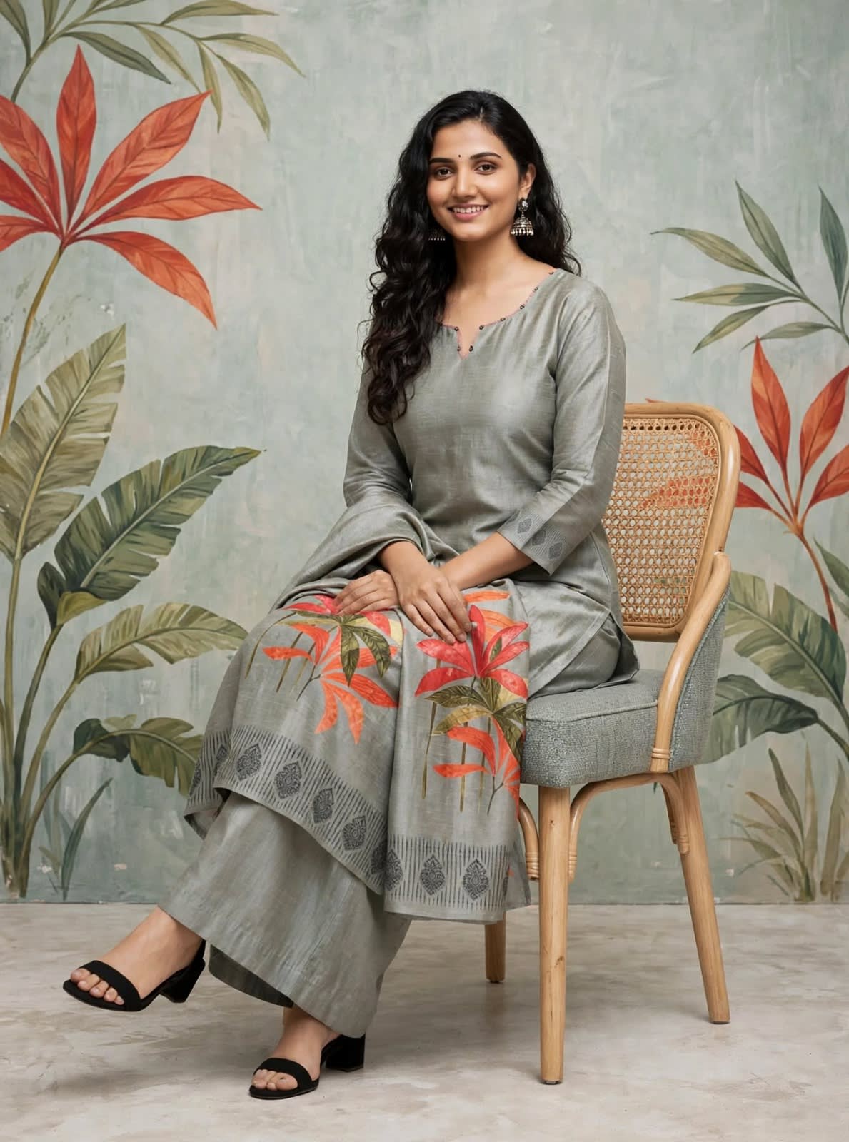 Grey Floral Printed Kurta Set thumbnail 5