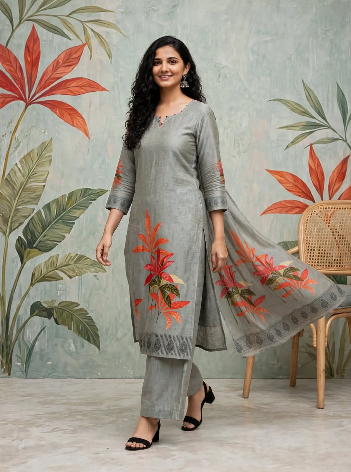 Grey Floral Printed Kurta Set thumbnail 2