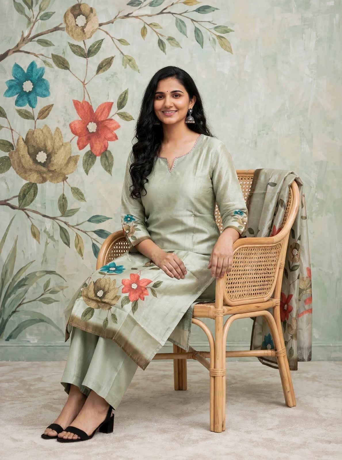 Sage Green Floral Printed Kurta Set thumbnail 4