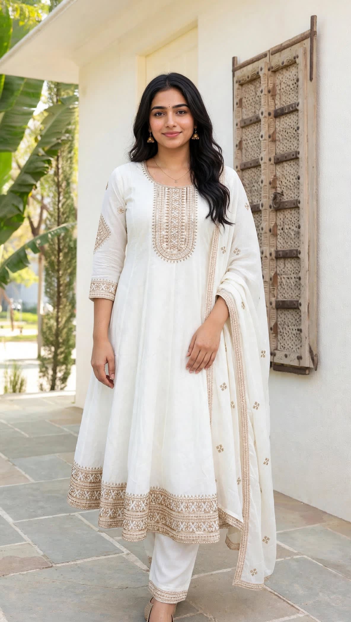 Off-white & Gold Embroidered Straight Kurta Set thumbnail 5