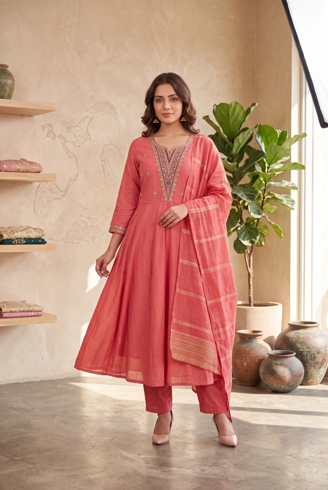 Elegant Peach Embroidered Kurti Pant Set