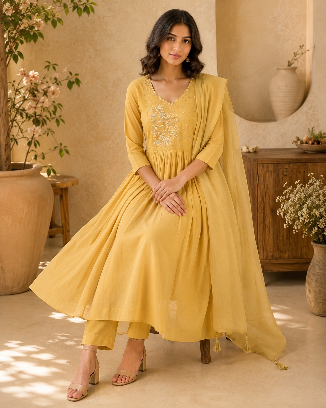 Elegant Mustard Yellow Anarkali Kurti Pant With Dupatta Set