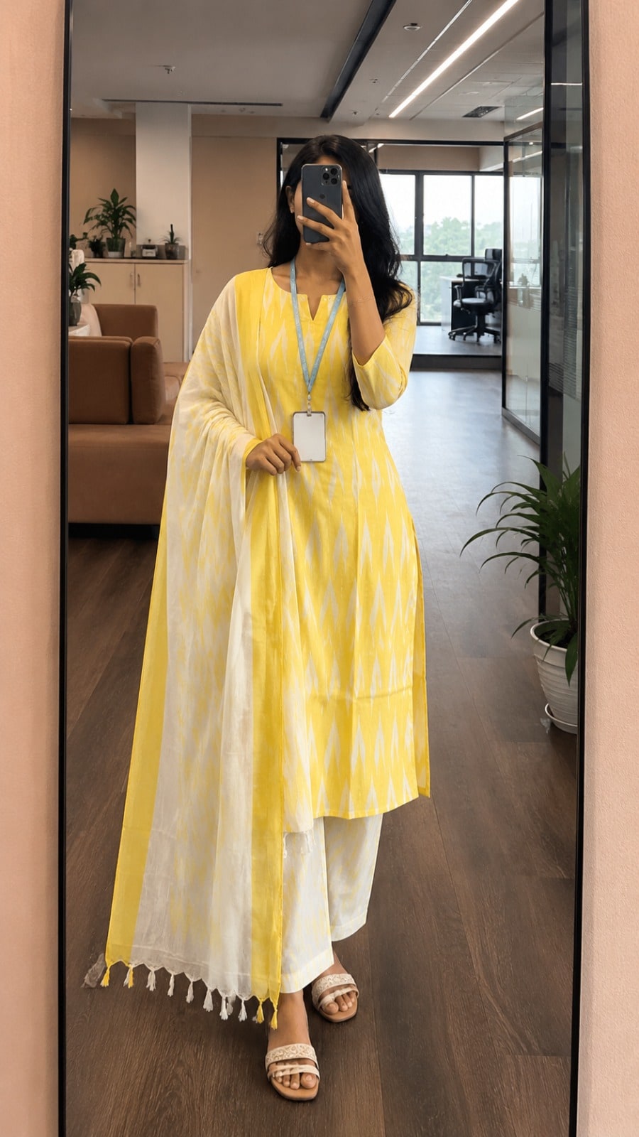 Sunshine Yellow Ikkat Cotton Kurta Set With Dupatta