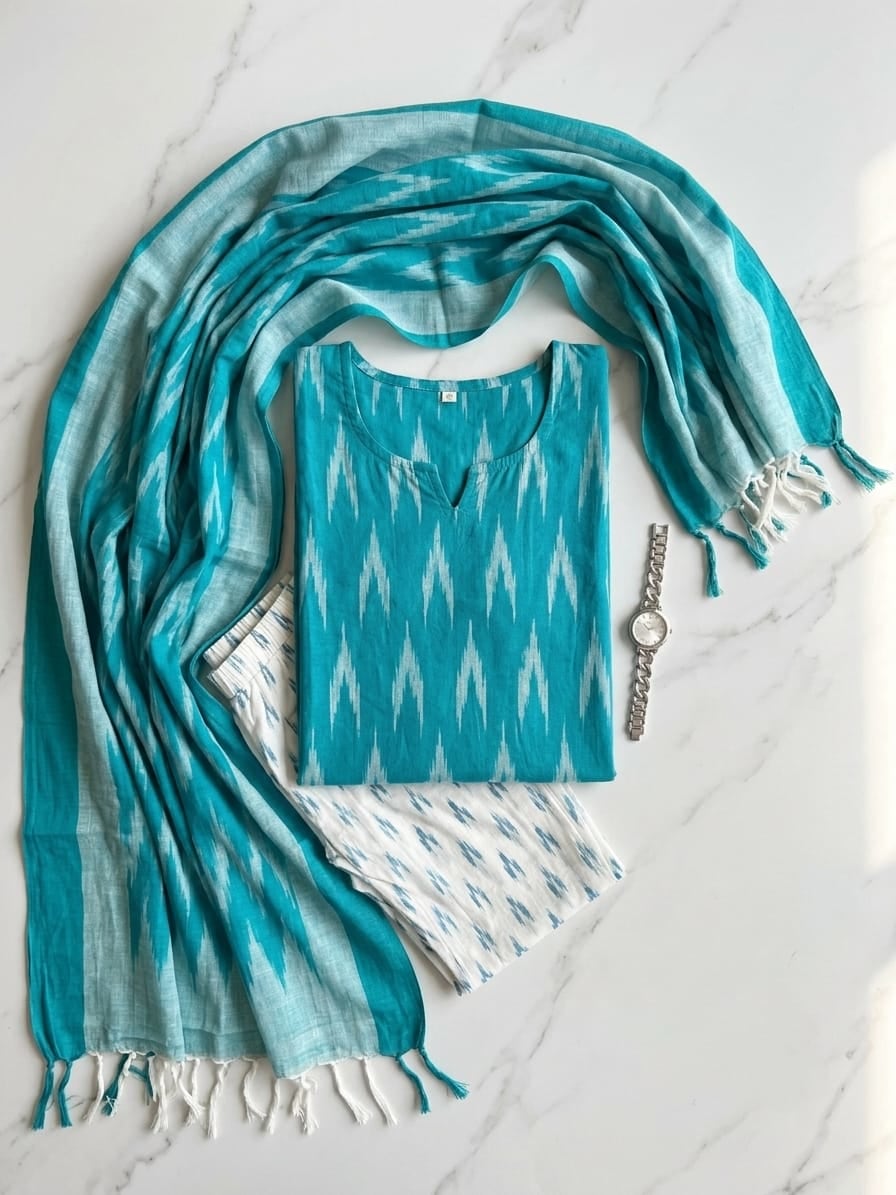 Green Ikat Cotton Kurta Set