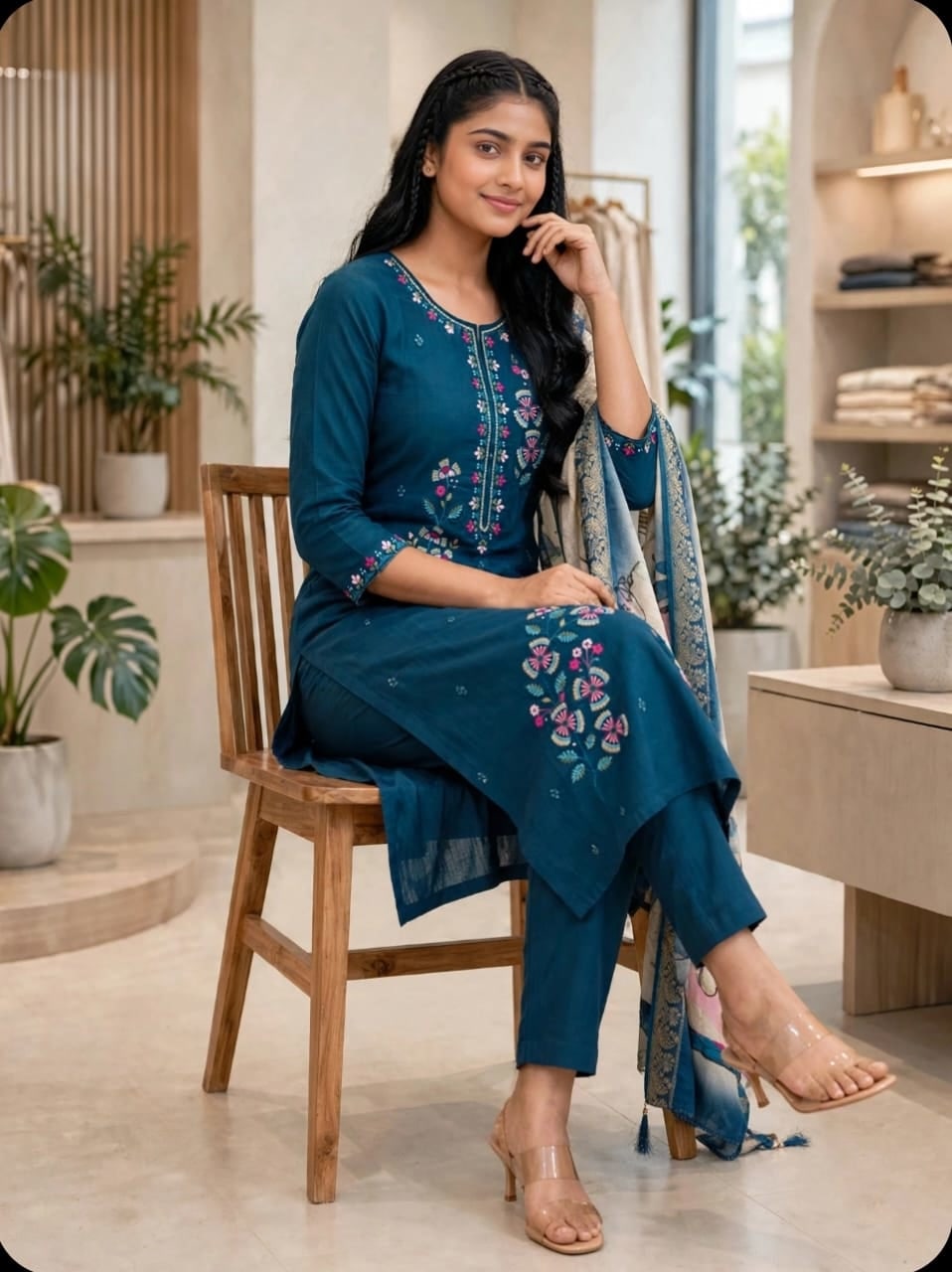 Blue Floral Embroidered Kurta Set