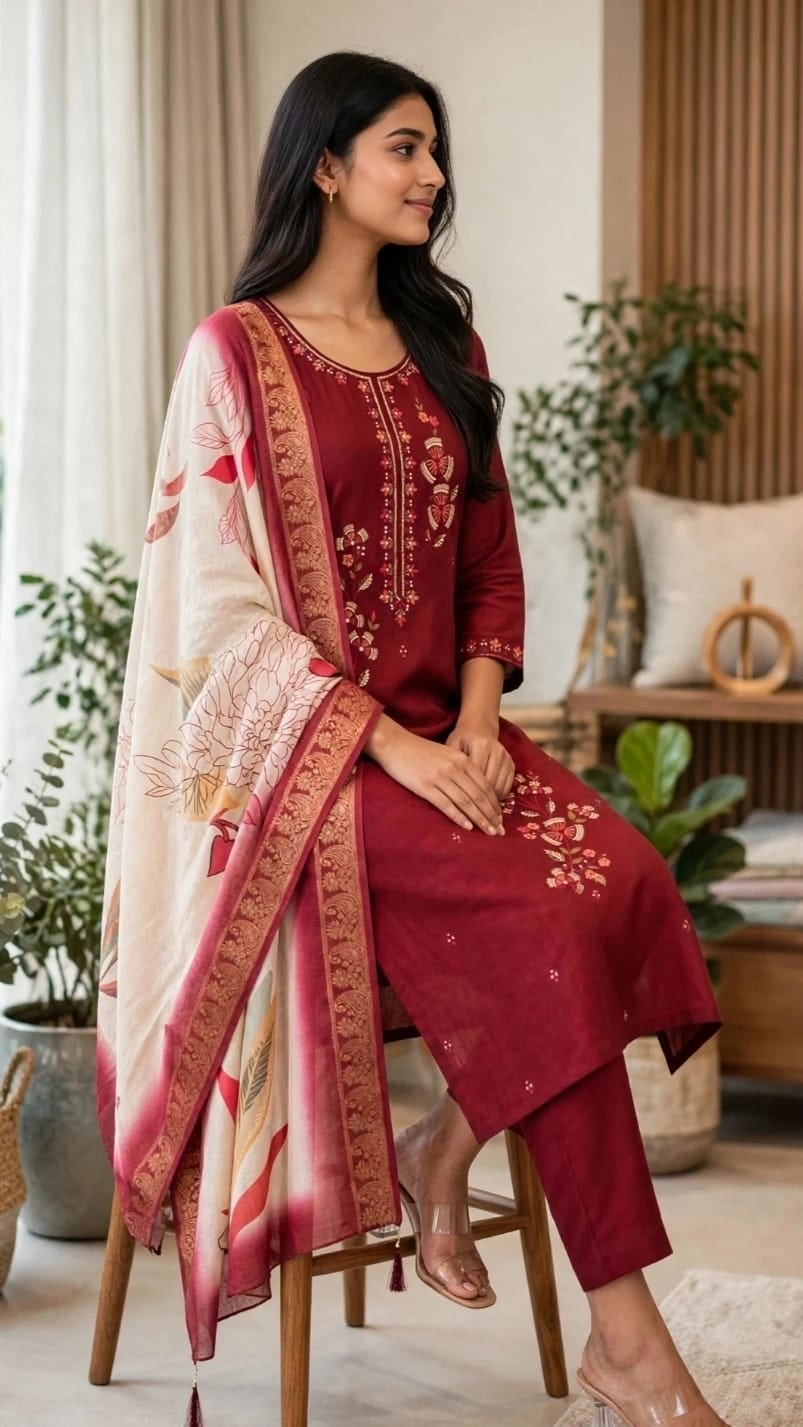 Maroon Floral Embroidered Kurti Set
